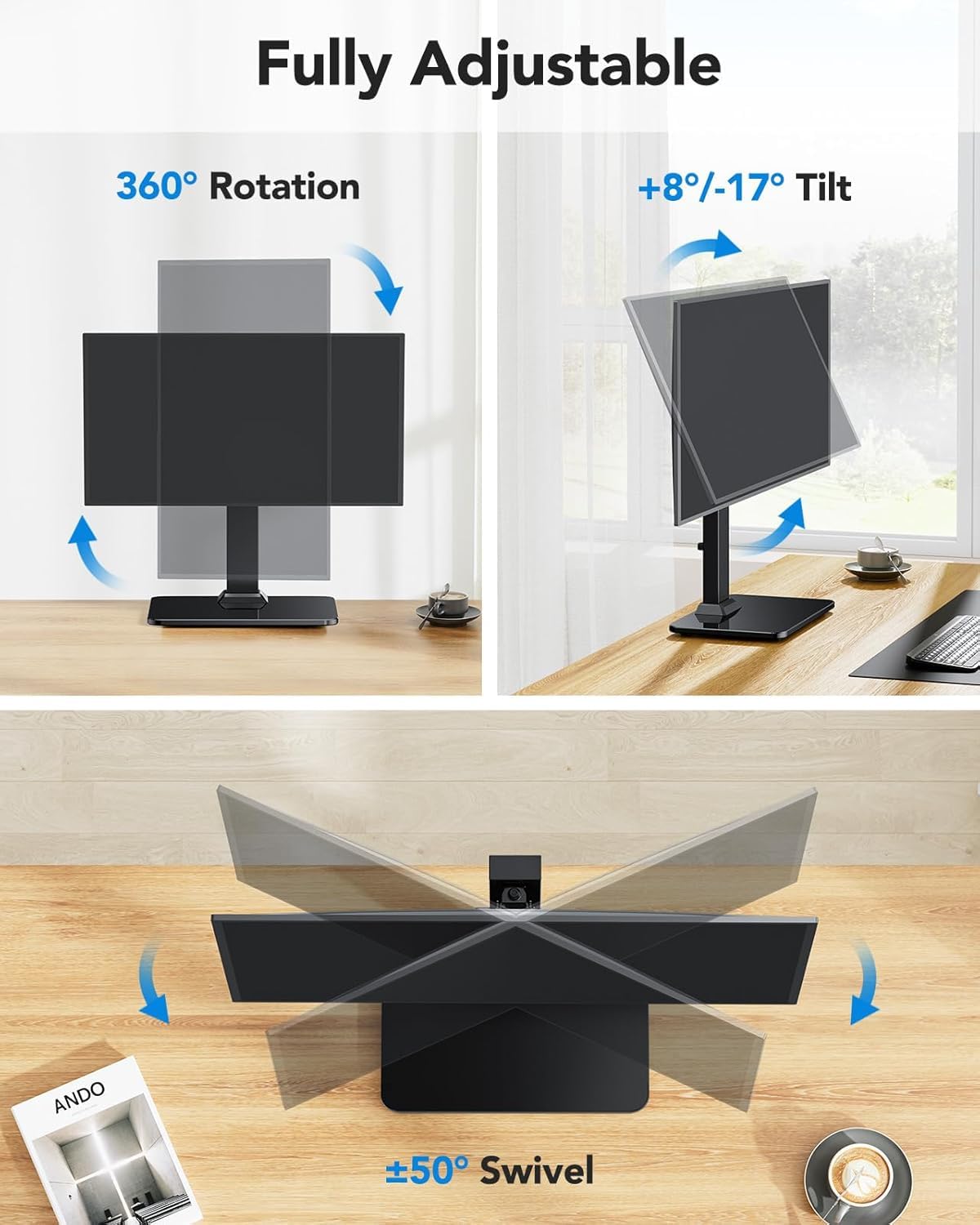 HUANUO Monitor Stand, Freestanding VESA Monitor Mount for 13″–34″ Screens up to 44 lbs, 5 Height Options, Swivel Desk Monitor Stand Riser with 360° Rotation, Tilt, 75x75mm/100x100mm VESA, HNTVS29