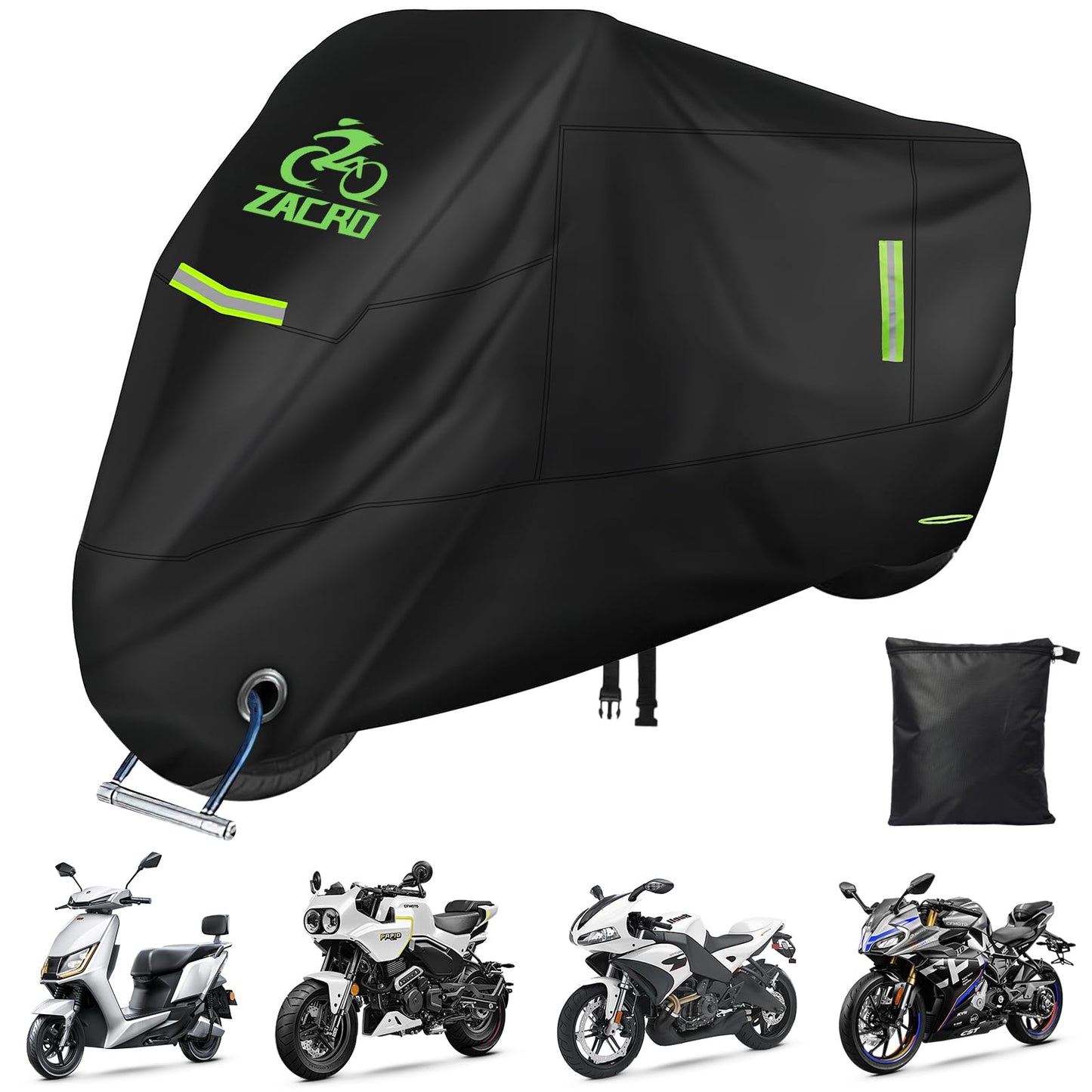 Zacro Motorcycle Cover Waterproof Outdoor,All Weather 3000M Waterproof Protection,420D Heavy Duty Material Tear Proof Sun&Moped,Cover with Reflective Strips,Lock-Hole,Storage Bag,Fits up to 96.5"