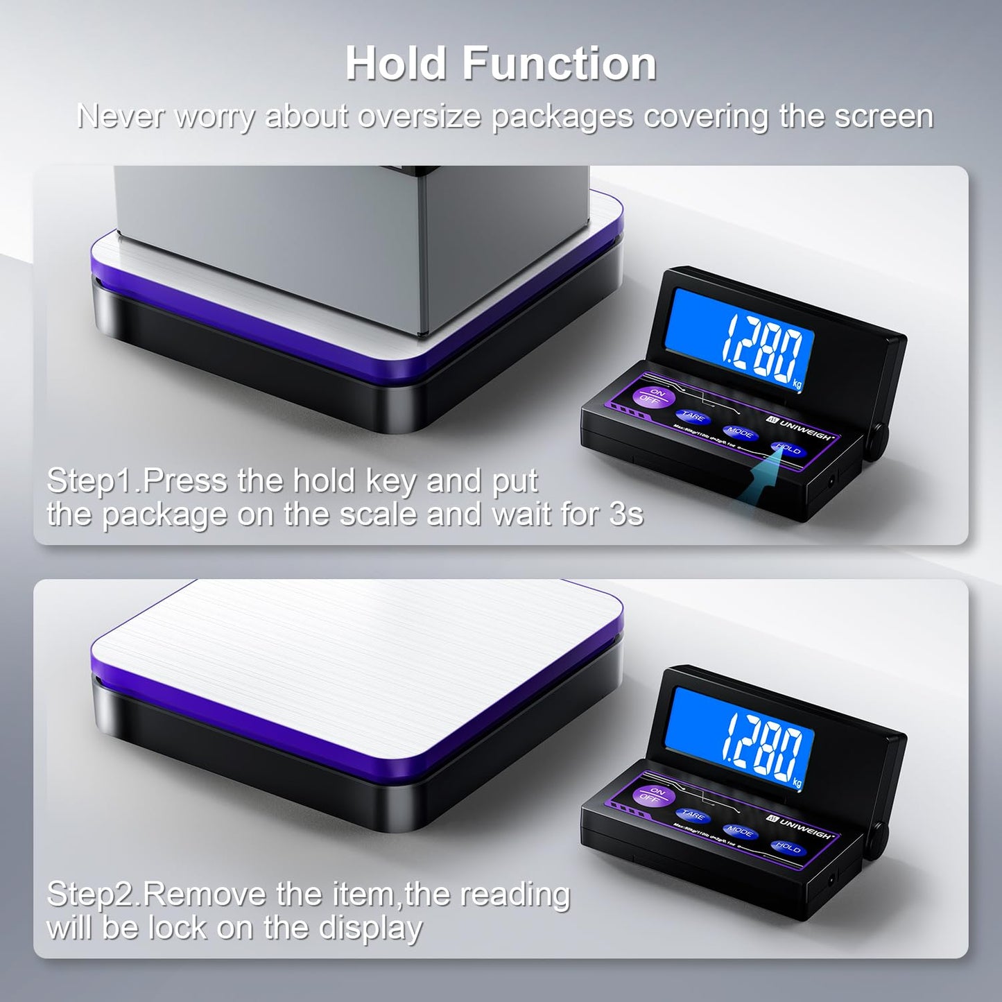 UNIWEIGH Digital Shipping Postal Scale 110lbs/0.1oz Accurate,Foldable LCD,Package Scale with Stainless Steel Platform/5 Units/Tare/Hold Function,Postage Scale for Packages,Mail Scale,Black + Purple