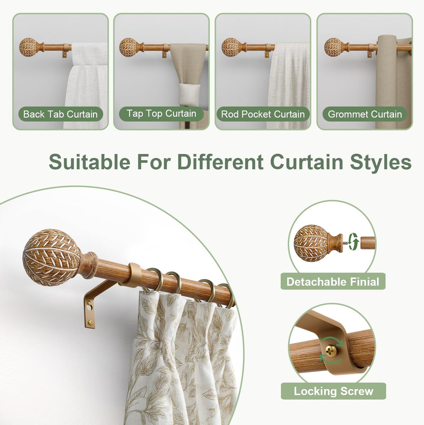 QDWIS Wood Curtain Rods for Windows 48 to 84 Inch,1'' Diameter Drapery Rods with Imitation Wood Grain Leaf Pattern Finials,Boho Adjustable Heavy Duty Curtain Rods Set,36-88''