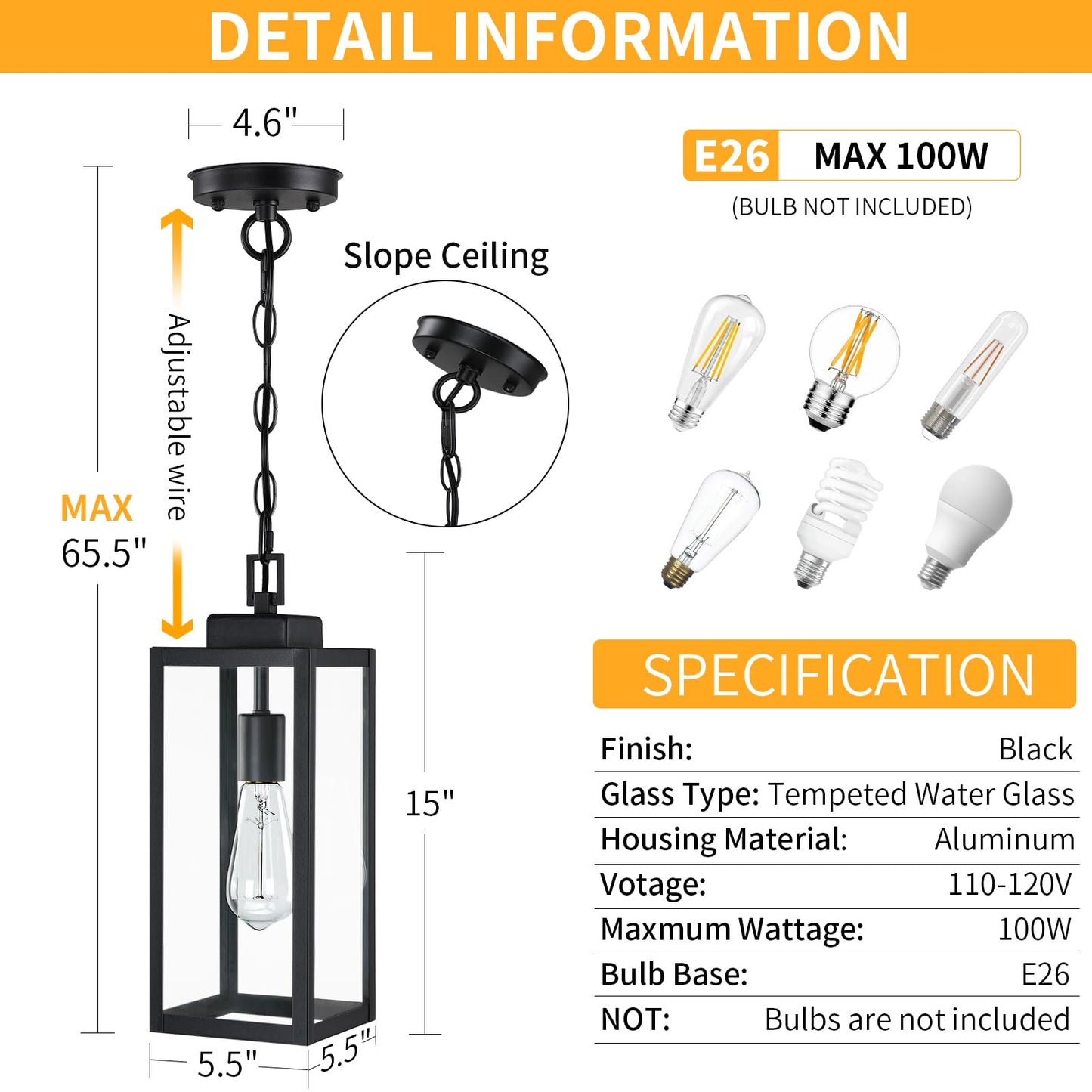 15'' Outdoor Pendant Light, Modern Outside Chandelier Outdoor Hanging Lantern Light, Matte Black with Clear Glass, Exterior Pendant Lighting Fixture for Porch, Yard, Gazebo, 1Pack