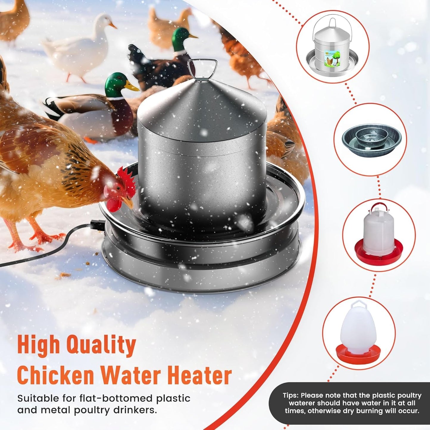 Chicken Water Heater, 11.8 Inch Stainless Steel Heated Chicken Waterer Base for Winter 5 Gallon with Thermostat Knob，with Anti-Bite Cable for Poultry Fountains Water Bowl Plastic Metal Waterer