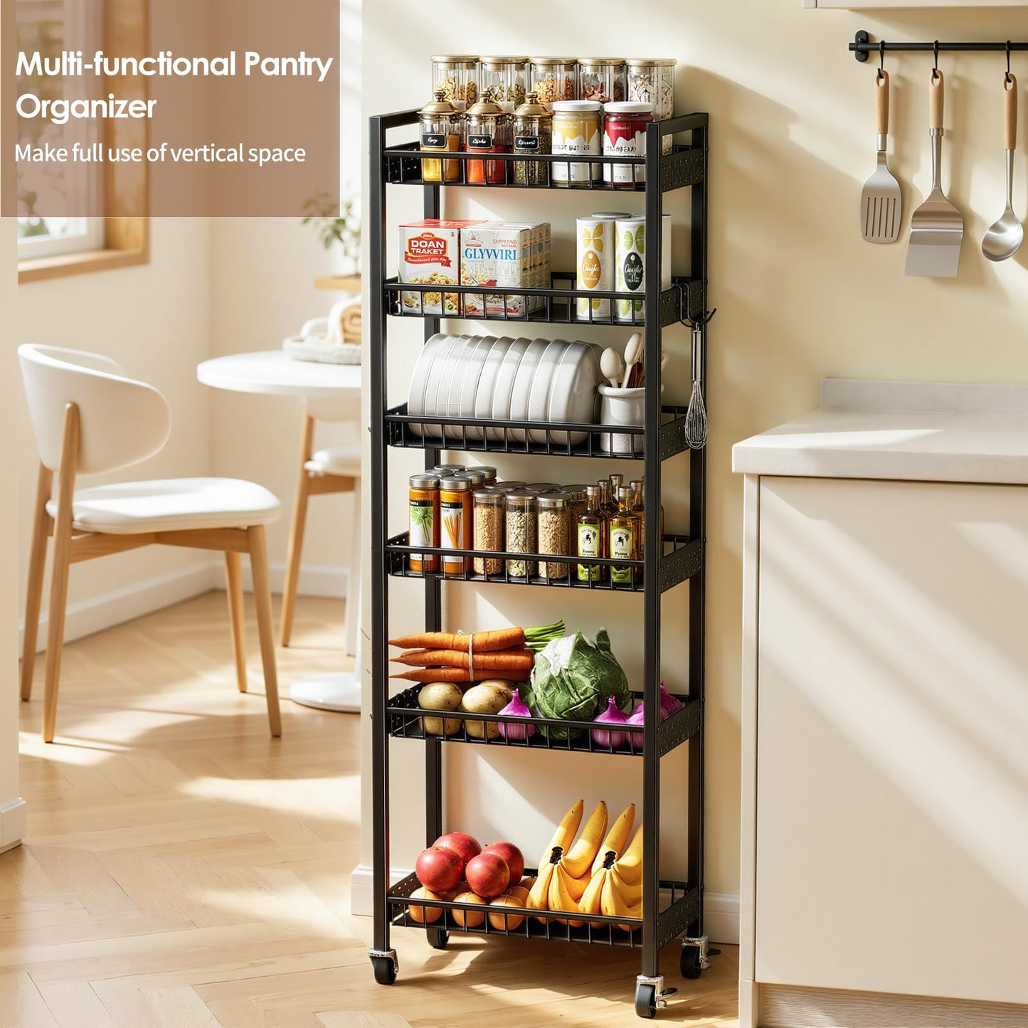 Kssiaz 6 Tier Slim Storage Cart, Narrow Rolling Cart with Wheels, Narrow Mobile Utility Shelf Unit Organizer for Kitchen, Bathroom, Laundry Room, Living Room, Small Places, 10in(W), Black