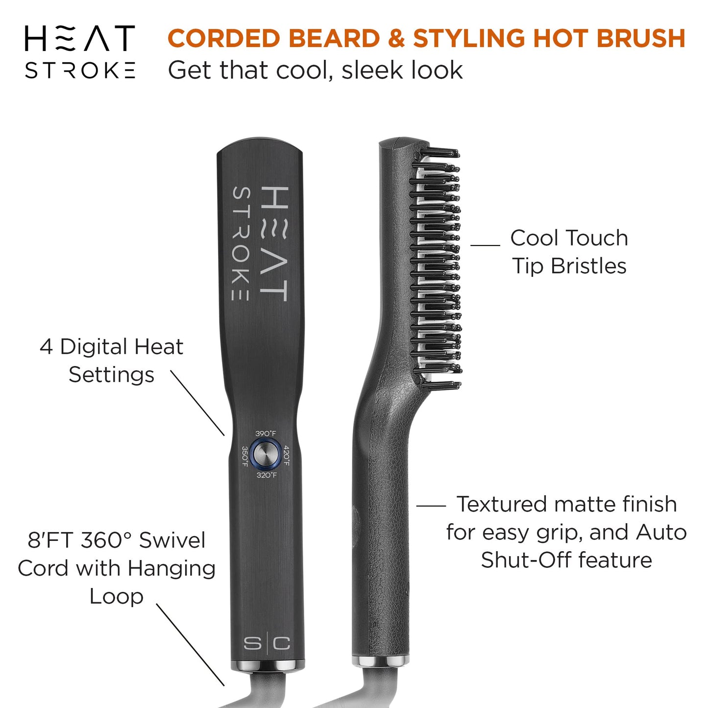 StyleCraft Heat Stroke Corded Beard & Styling Hot Brush, Cool Touch Tips Anti-Scold, Hair Straightener, Black