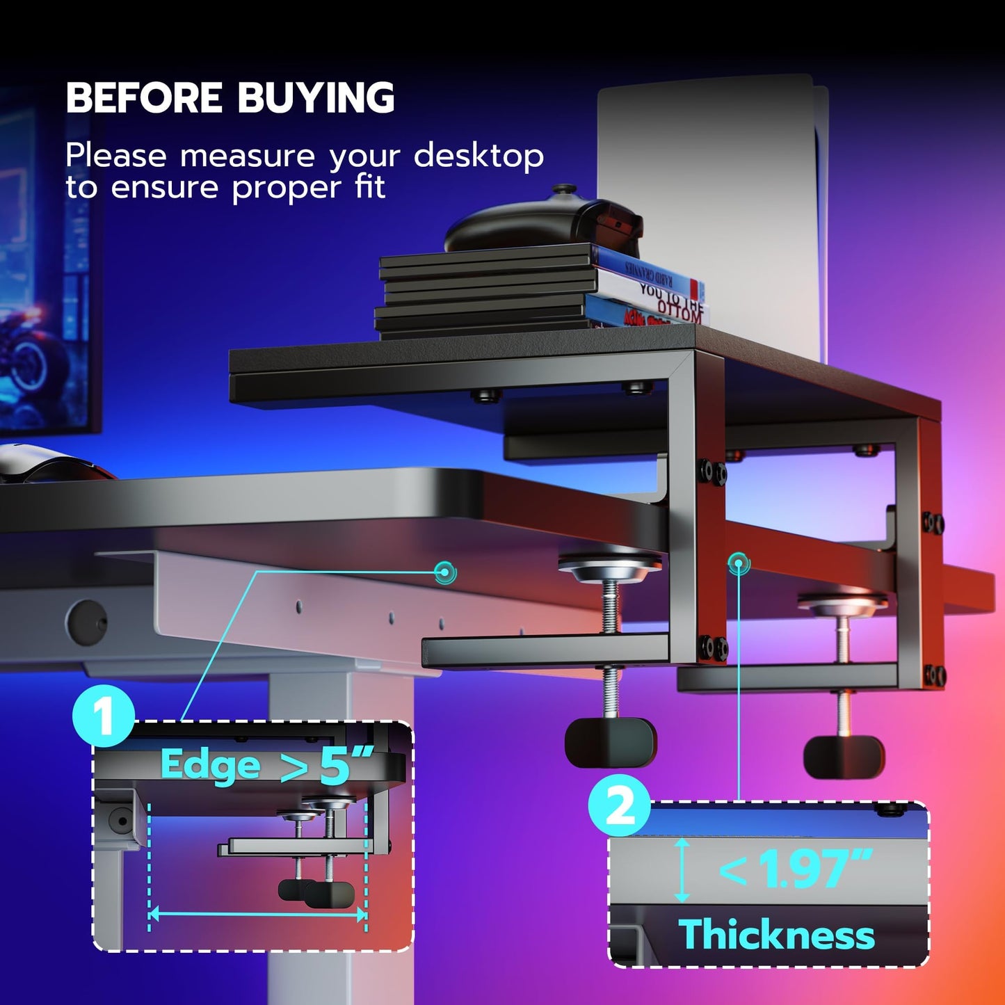 ARES WING 3 in 1 Versatile Clamp on Desk Shelf, 15 inches Desk Extender Shelves, Heavy Duty Desktop Organizer for Gaming and Office Accessories, Black