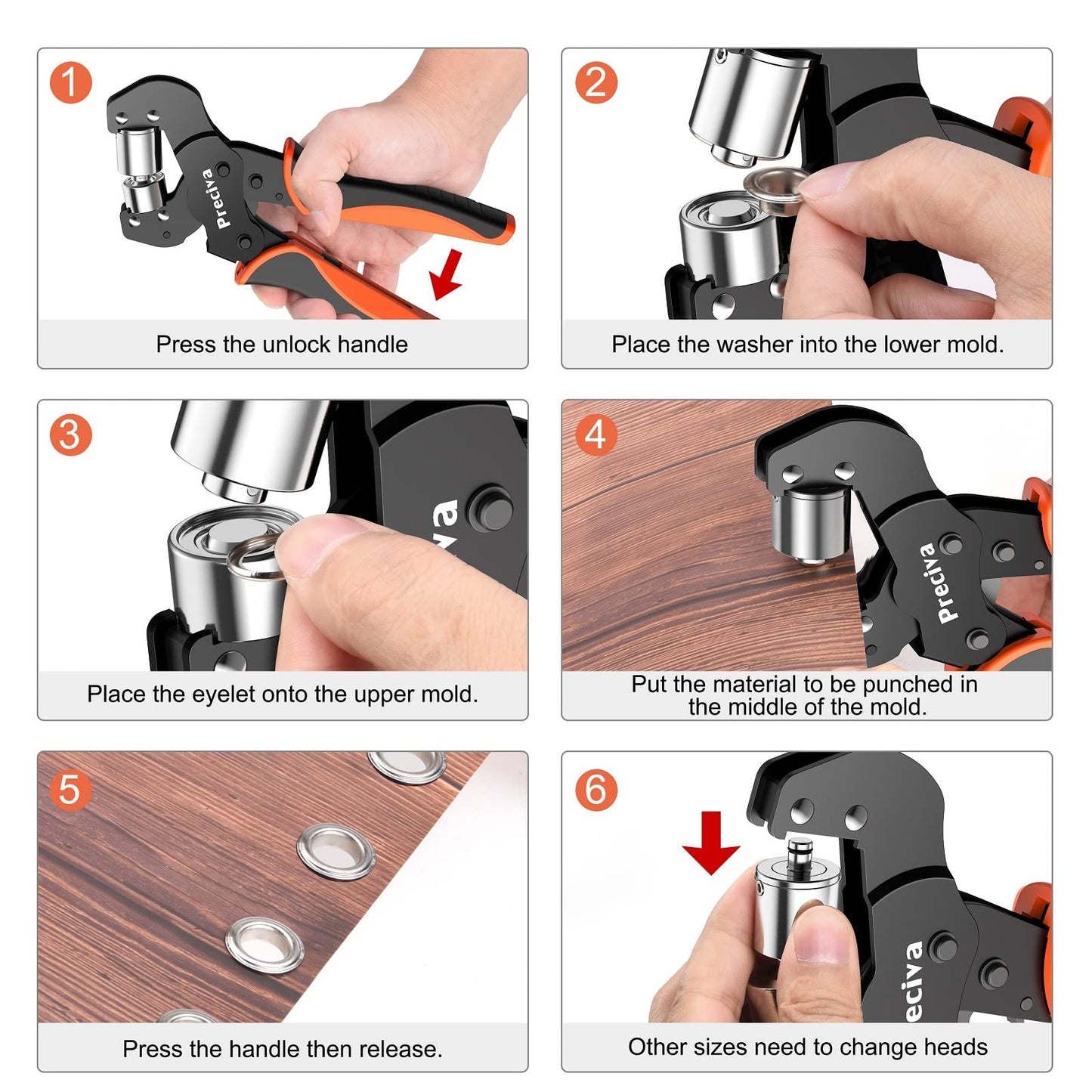 Preciva Grommet Tool Kit, Interchangeable Double Head Handheld Grommet Eyelet Plier Set for Advertising Poster, Banner, Portable Manual Puncher with 400pcs Silver Grommets of 3/8 Inch,1/4 Inch