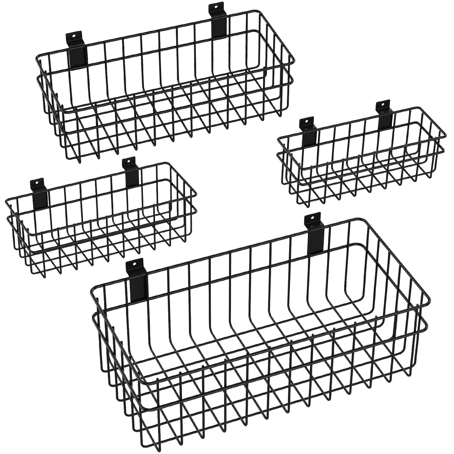 DAANXW 4 Pack Large Slatwall Baskets Set, Ventilated Metal Hanging Storage Slat Wall Basket, Mounted Slatwall Accessories for Garage Storage Organizing Display on Slatwall Panels bins (Black)