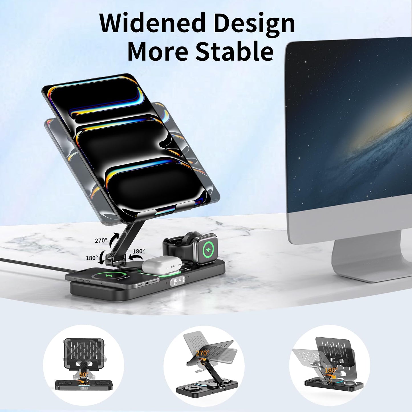 6 in 1 Wireless Charger Compatible for Apple Devices, iPad Charging Station with Digital Time & Night Light for iPhone 17/16/15/14/iWatch/Air-pods/iPad/Tablet Stand Holder