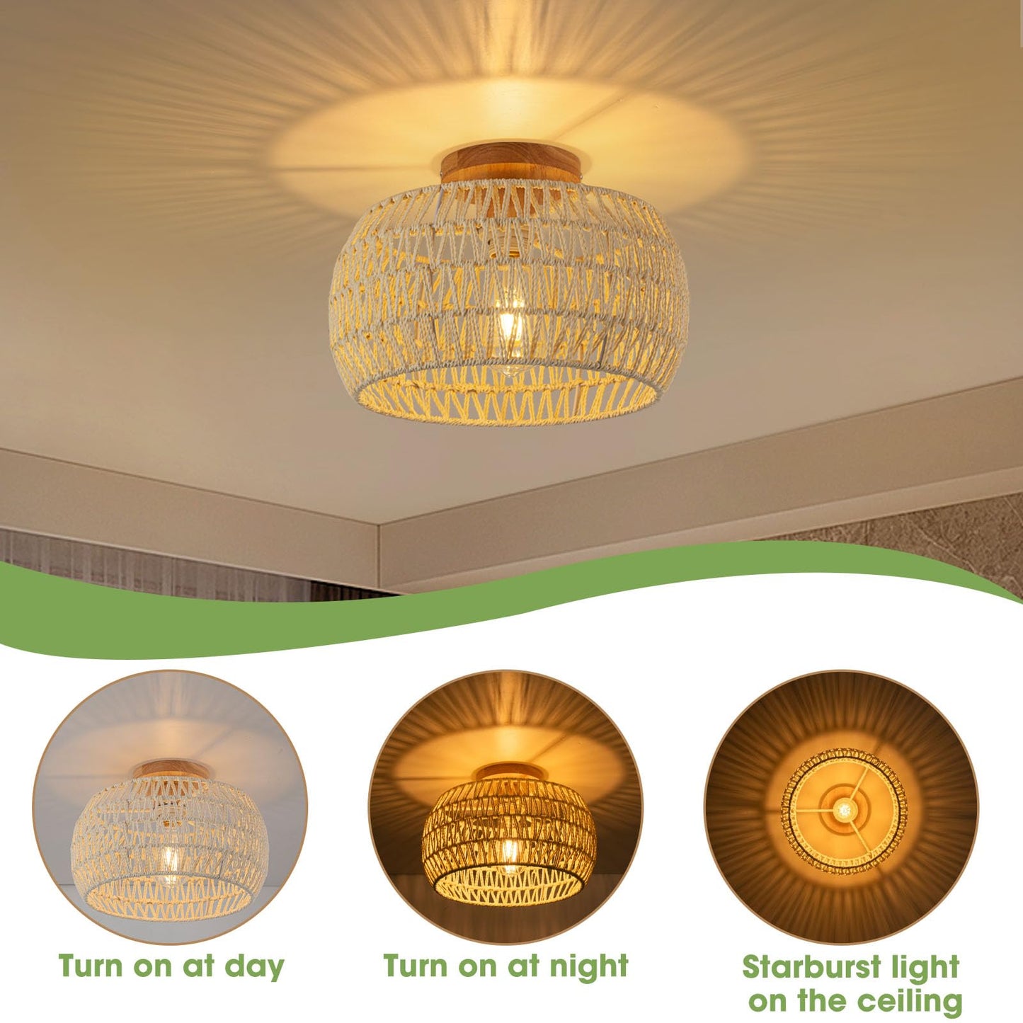 Cream White Rattan Light Fixtures,Boho Ceiling Light Chandelier,Rattan Flush Mount Ceiling Light Hand-Woven Lamp Shade Small Chandelier Light for Bedroom Kitchen Entryway Chandelier Nursery Light