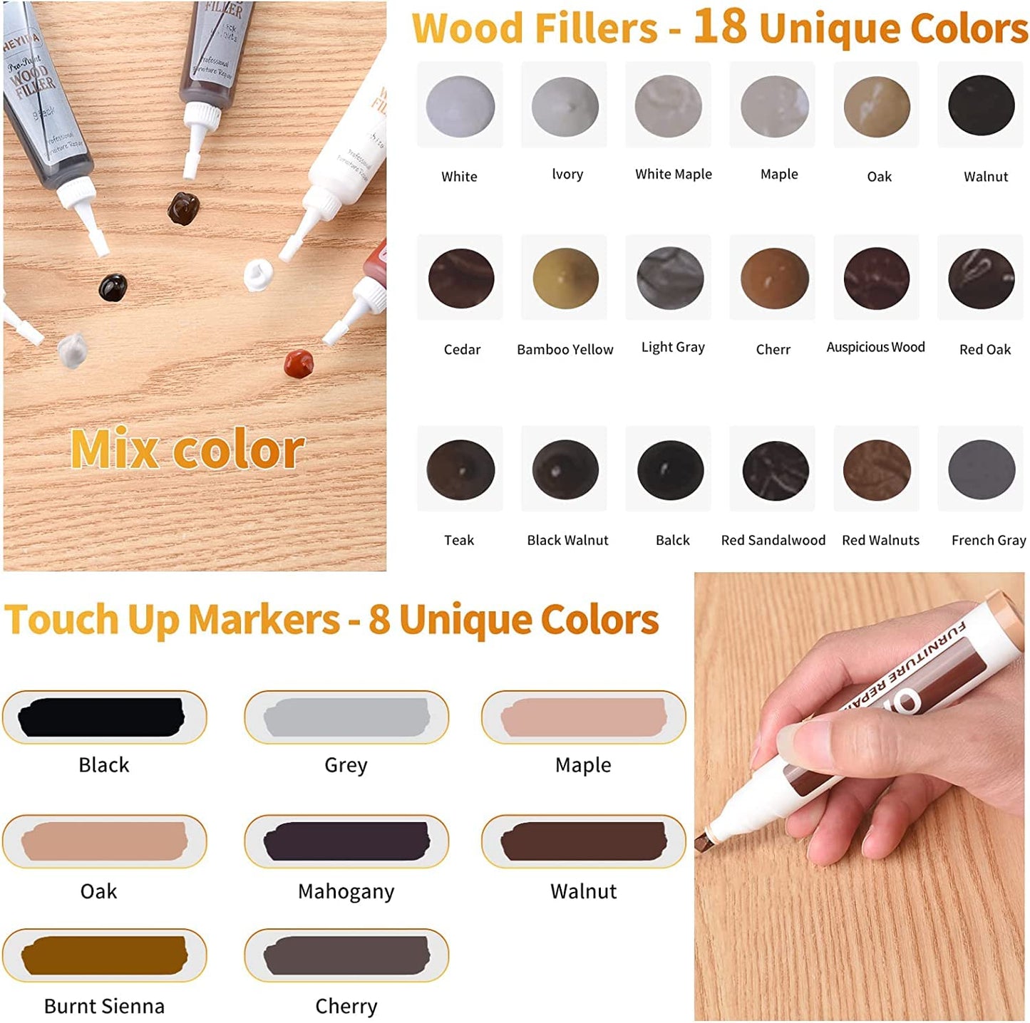 Wood Furniture Repair Kit - Hardwood Laminate Floor Repair Kit Wood Filler, 39 Pcs Furniture Repair Kit Wood Markers Touch Up for Scratch Stain Hole, Restore Any Wood, Wooden Door, Table, Cabinet