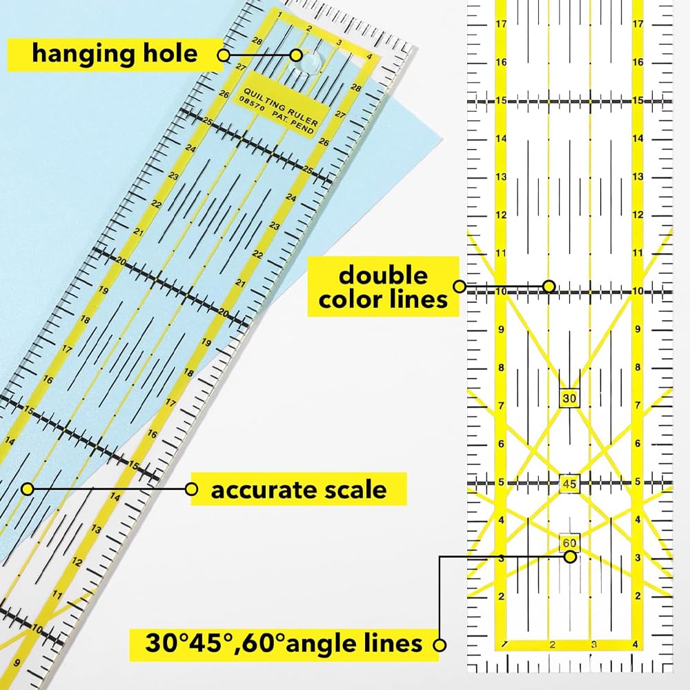 8 Pack Acrylic Quilting Ruler,Fabric Cutting Ruler,Clear Mark with Double Colored Grid Lines, for Quilting, Sewing & Crafts Template, with Non Slip Rings 50 Pieces