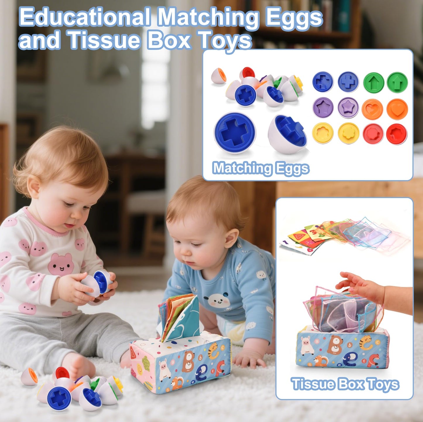 Montessori Baby Toy for 6 to12 Months,6 in 1 Montessori Sensory Toys for 1 Year Old,Baby Stacking Building Block Cups & Rings,Pull String Toy Magic Tissue Box for Toddlers 6-9-12 Months Boy Girl Gift