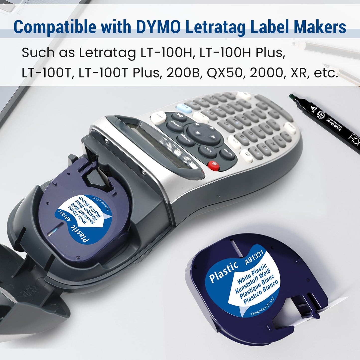 10-Pack 91331 Compatible with Dymo Label Maker Refills LetraTag Plastic LT Label Tape 12mm x 4m Letra Tag Tape for DYMO LT-100H LT-100T Plus QX50 Label Maker, Black on White, 1/2 inch x 13 feet