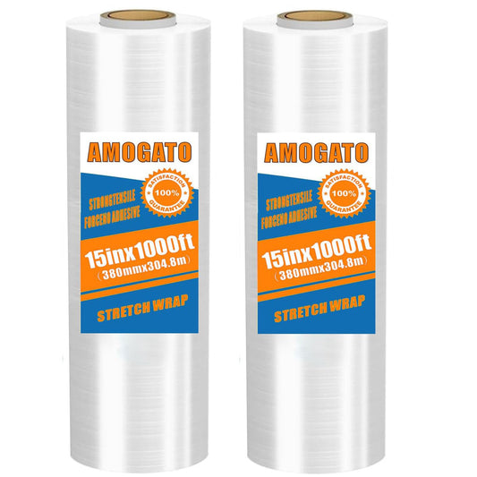 AMOGATO Stretch Film for Moving and Packaging - Strong, Residue-Free, Easy to Use with Blue Handles,60 Gauge, 2 Pack Clear 15 Inch x 1000 Feet