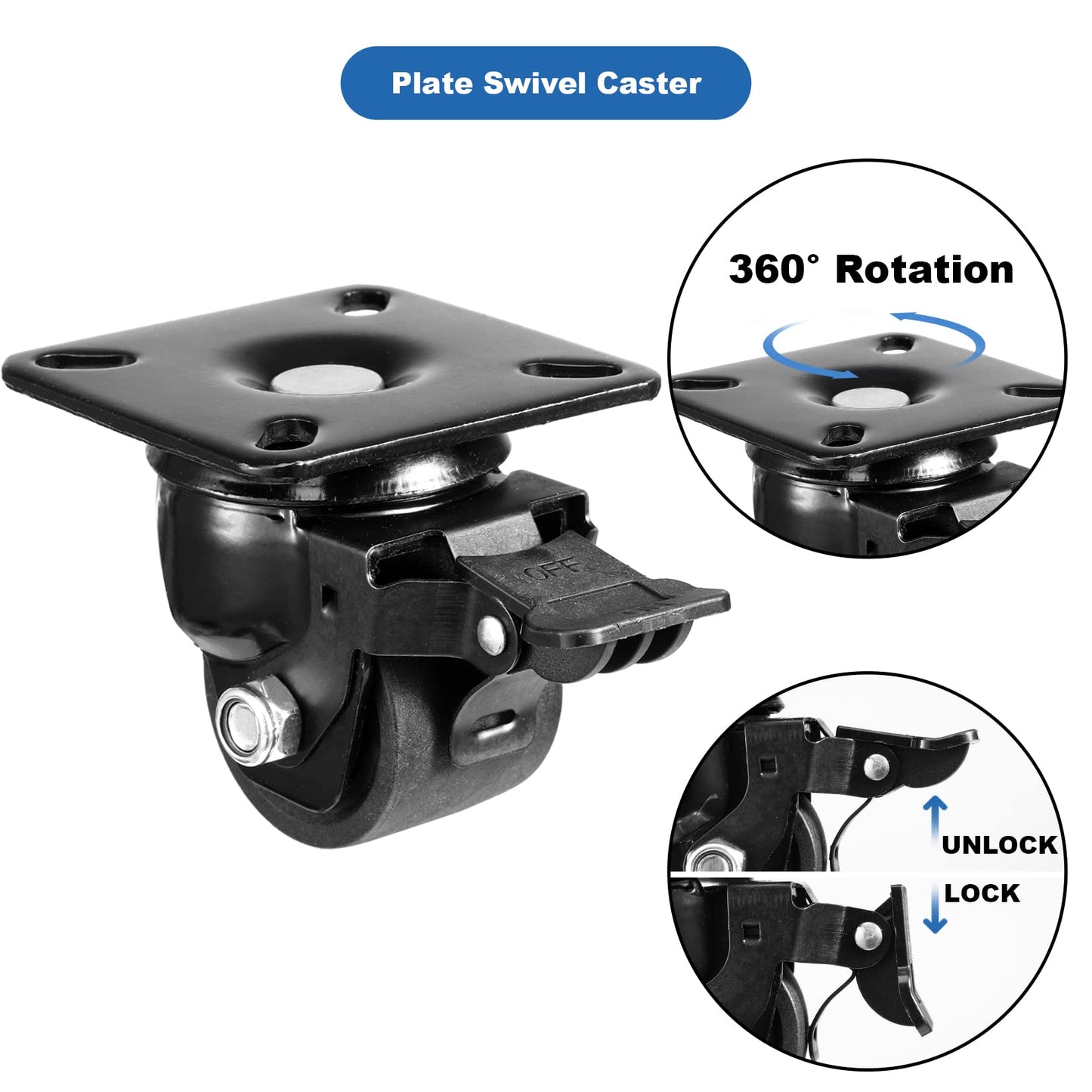 W B D WEIBIDA 2” Plate Swivel Caster Wheels Set of 4 Heavy Duty, Load Capacity 2200lbs, Low Gravity Center Design Black Caster Wheels Dual Locking, Durable & Quiet & Sturdy Nylon Wheels for Industrial