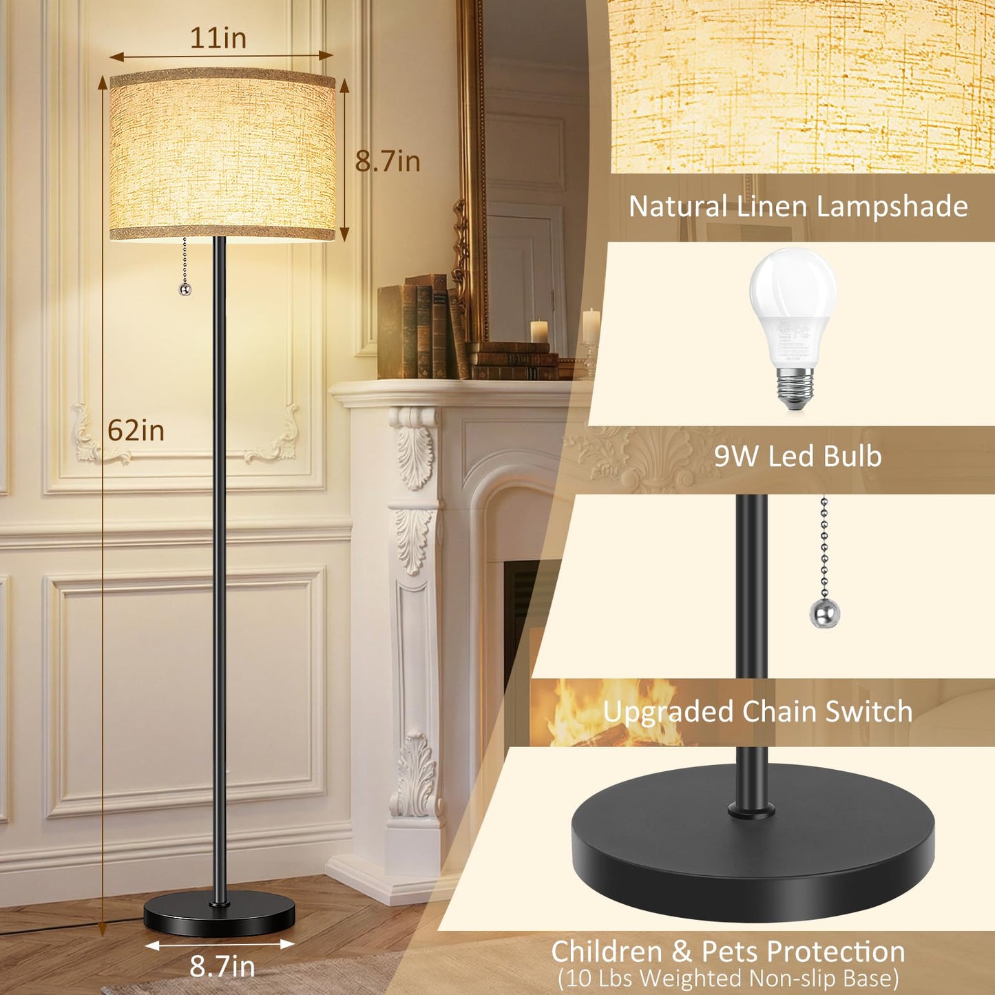 FUNNYBEHOM Floor Lamps for Living Room with 3 Color Temperatures Standing Lamp with Beige Linen Lampshade Tall Lamps for Bedroom Office, Reading, 9W LED Bulb Included, Black
