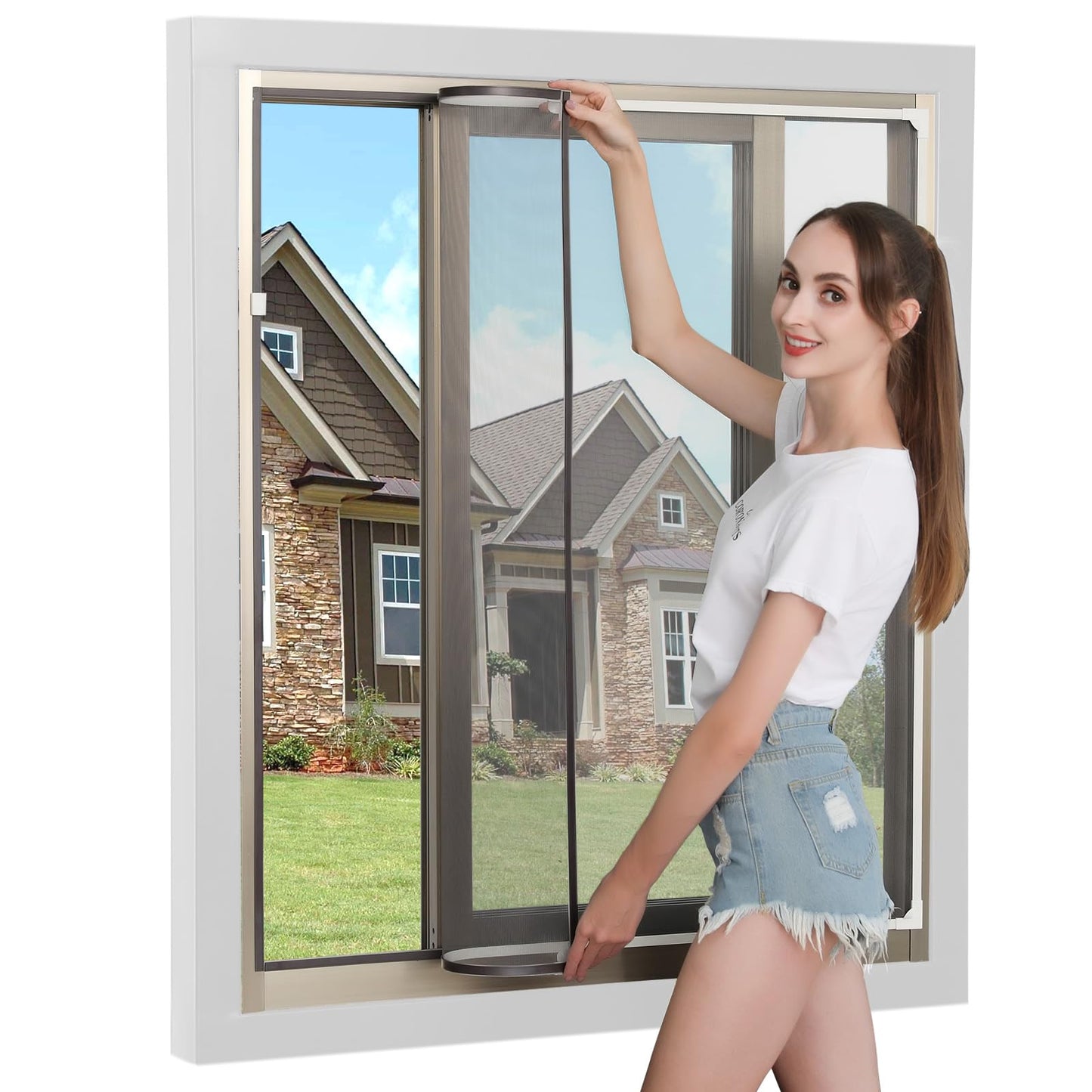 DIY Magnetic Window Screen Max 75"x51"((190x130cm) Fits Any Size Smaller Adjustable Easy Installation（ White Frame fire-Retarded mesh）
