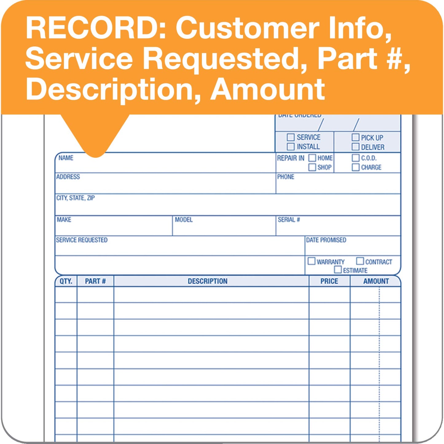 Adams Service Order Form, 3 Part, Carbonless, 5 2/3”X9” Inches, 250 Sets per Pack (3-584