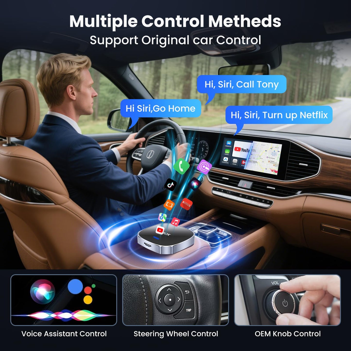 2-in-1 Wireless Apple CarPlay&Android Auto Adapter 2025, Magic AI Box Streaming Dongle Support Netflix/YouTube, Plug&Play, Car Play Wireless Adapter, Only Fit for Cars with Wired CarPlay/Android Auto