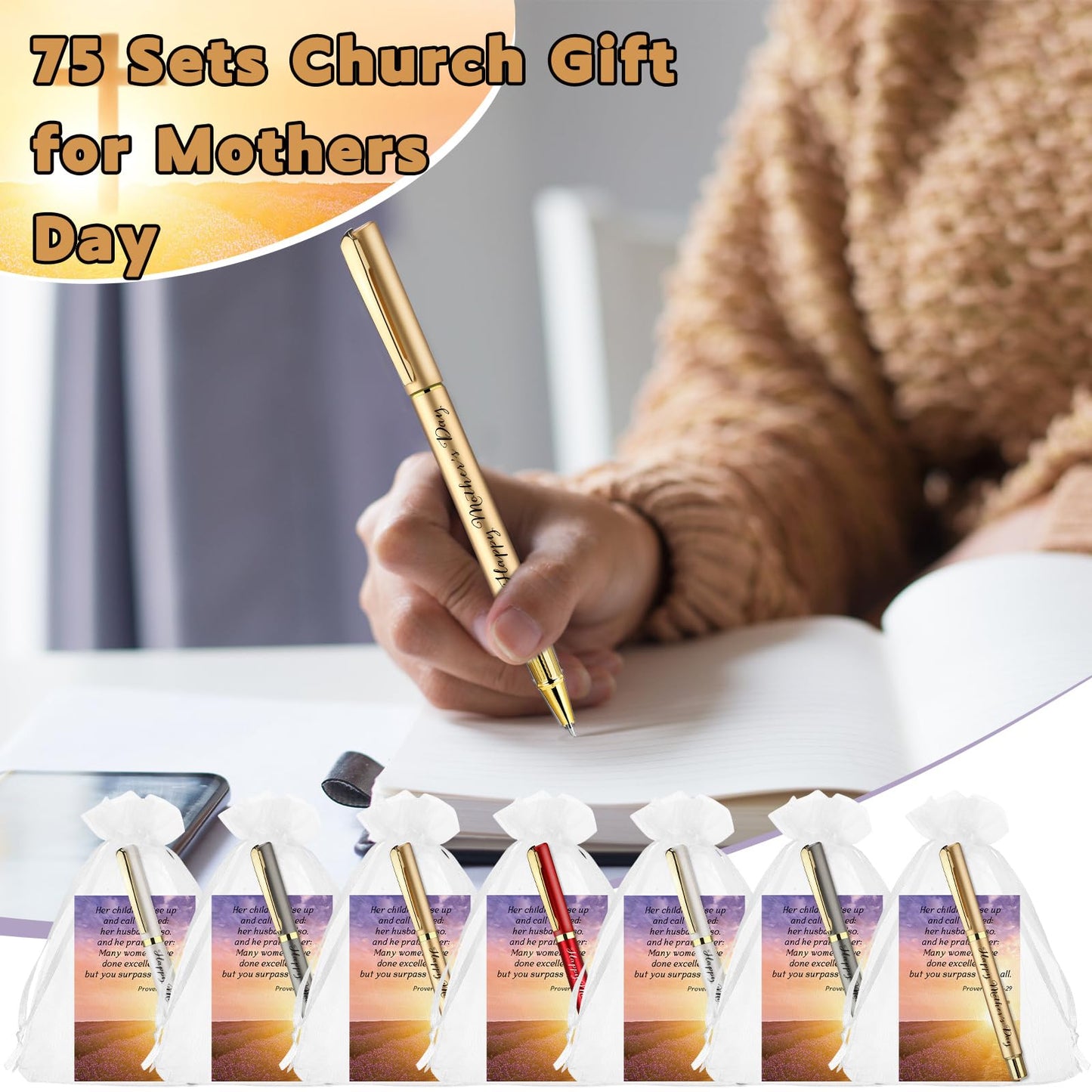 Tellingyou 75 Sets Mother's Day Church Gifts Bulk Included Happy Mother's Day Pens Inspirational Religious Cards Bible Verse Cards and Organza Bags for Women Church Members Christian Gift, 5 Colors
