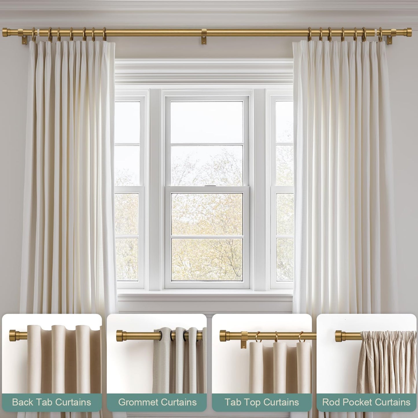 Lootkell Warm Gold Curtain Rods for Windows 28 to 48 Inches Adjustable Length Heavy Duty 1" Diameter Brass Window Curtain Rod with Solid Metal Finials for Outdoor Farmhouse Bedroom Kitchen Living Room