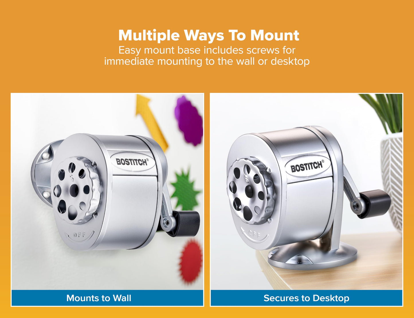 Bostitch Office Wall Mount Manual Pencil Sharpener, Tip Saver, 8 Hole Dial, 6X Longer Cutter Life, Vertical or Horizontal Mounting, Silver