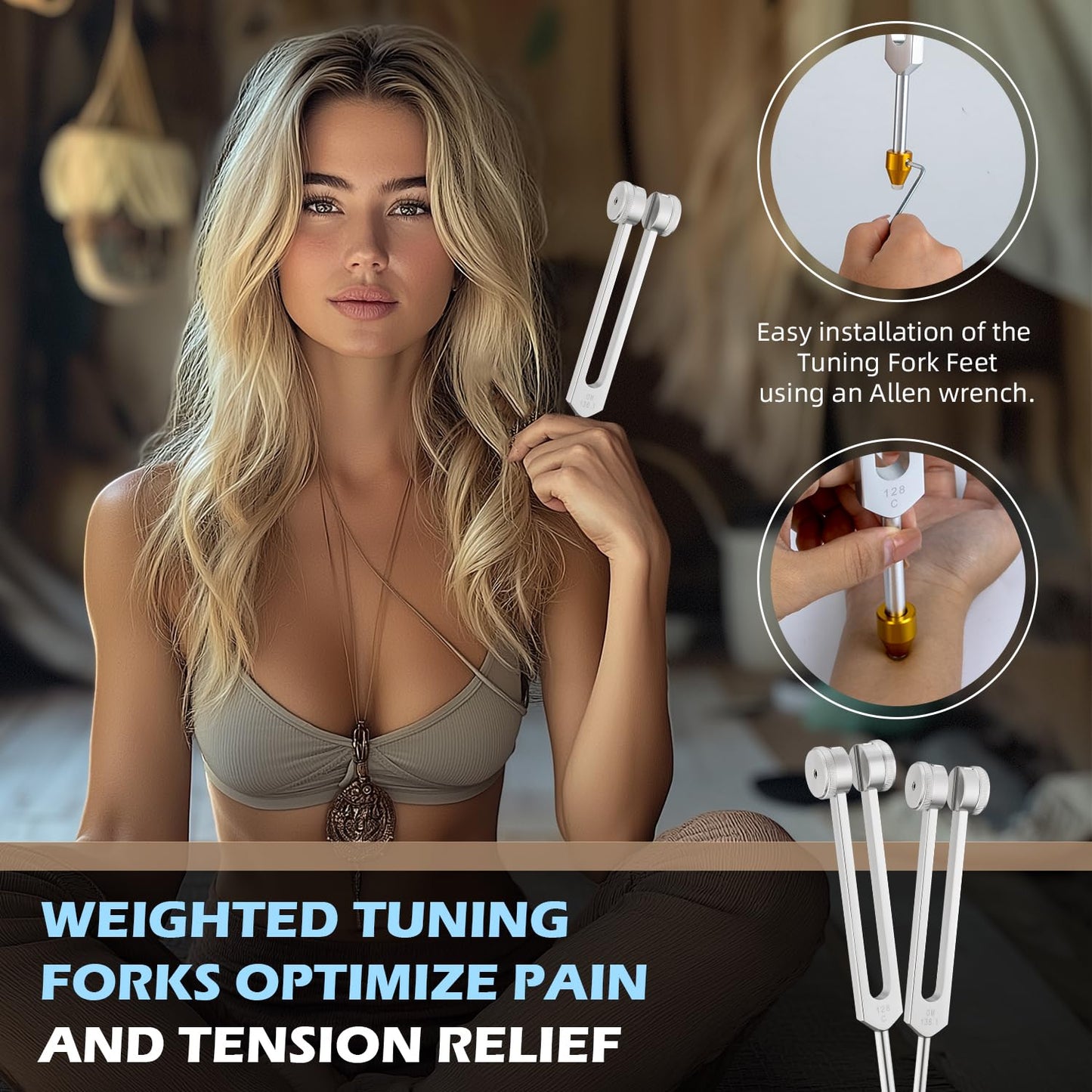 Hugbow Tuning Forks for Healing, Aluminum Alloy Tuning Fork 128Hz, 136.1Hz, 256Hz, 384Hz, Hockey Puck Activator & feet, Weighted & Unweighted Tuning Fork Set with Vegan Leather Pouch