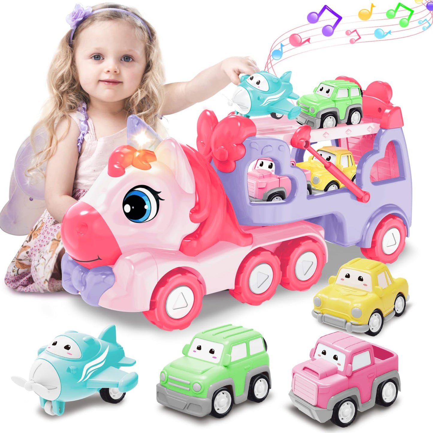 Toys for 1 2 3 Year Old Girl, 5-in-1 Unicorn Carrier Truck Toy Cars with Light & Sound,Girl Toddler Toys Age 2-4, 1 2 3 Year Old Girls Birthday Gifts