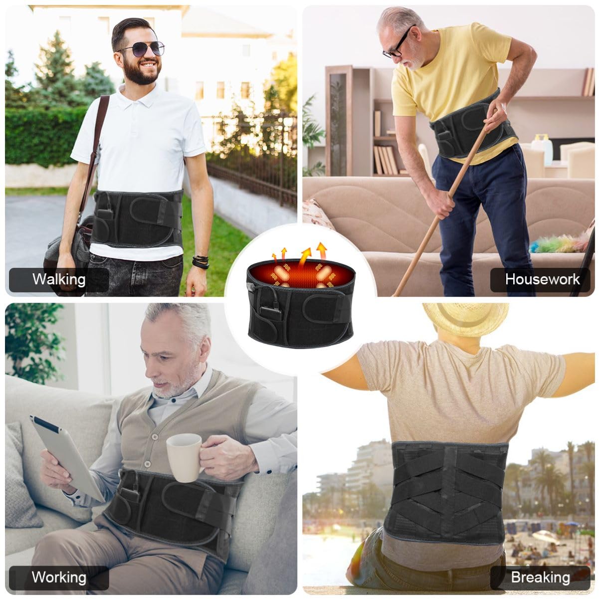 6xigouma Heating Pad Back Massager Brace for Lower Back Pain Relief, Cordless Heated Back Brace Vibration Wrap with Rechargeable Battery, Warmer Lumbar Support Belt with Massage for Cramps, L