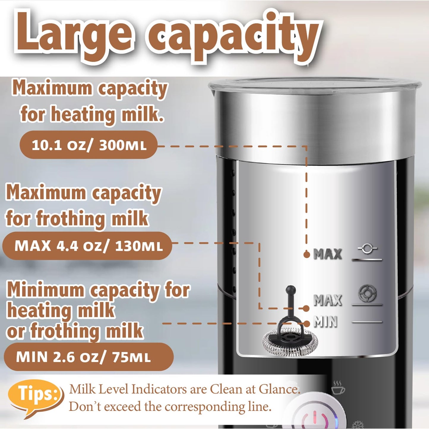 Huogary Electric Milk Frother, 4 in 1 Stainless Steel Milk Steamer, Milk Frother and Steamer for Coffee Milk Warmer for Latte, Cappuccinos, Macchiato (Black 4-in-1)