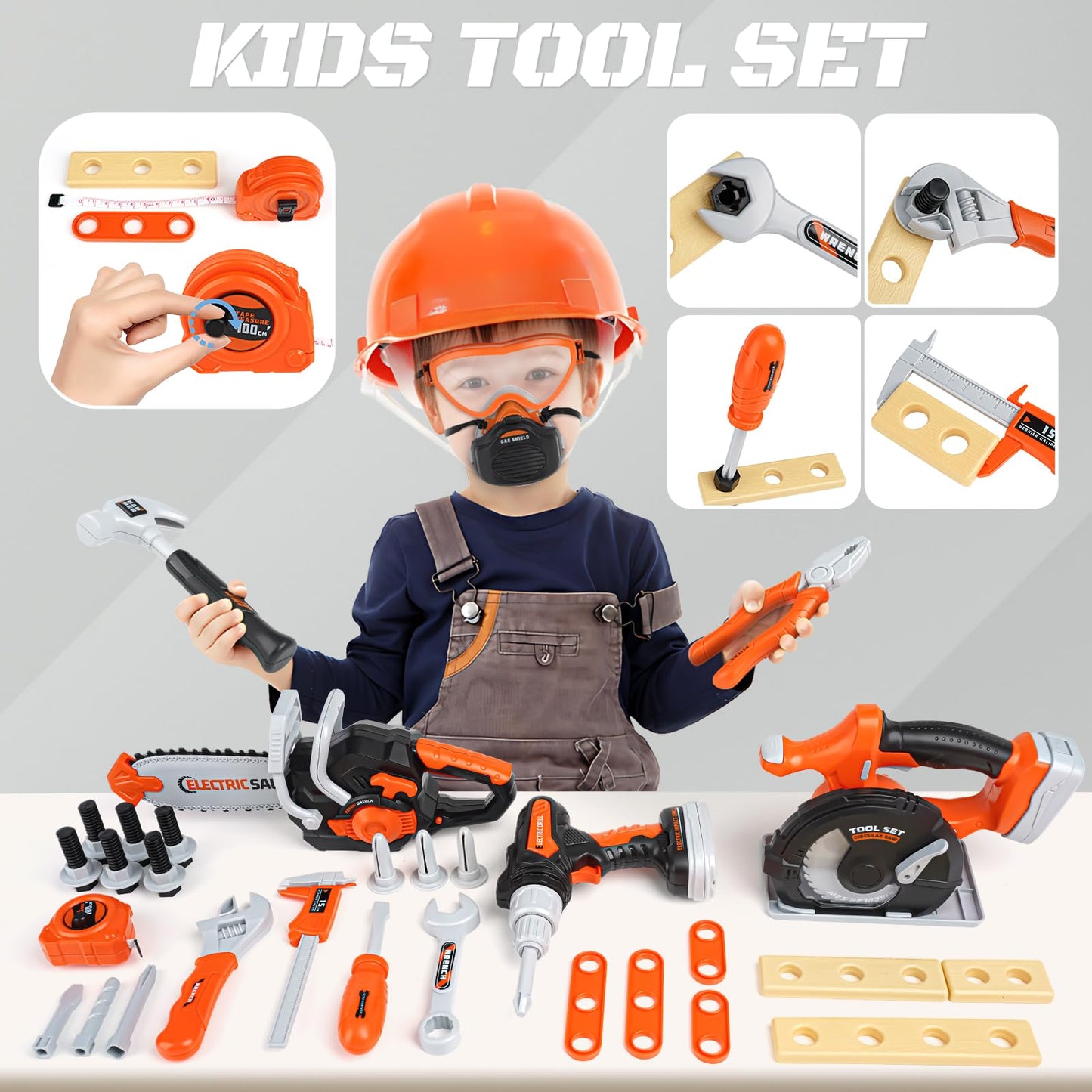 Kids Tool Set - Pretend Play Construction Toys for 3 4 5 Year Old Boy Gifts, Preschool Learning Tool Set with Electronic Drill/Chainsaw Toy/Circular Saw, Toddler Take Apart Stem Toys for Kid 3-5