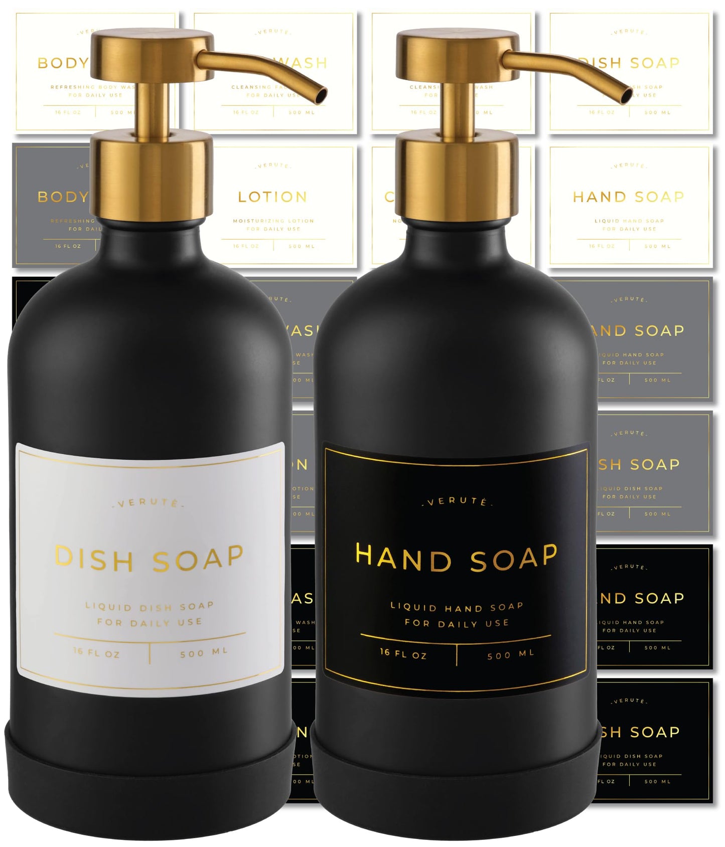 Verute 500ml Glass Soap Dispenser with Stainless Steel Pump, 21 Waterproof Labels, Non-Slip Protective Silicone Pad, Set of 2 for Bathroom & Kitchen (Matte Black Bottle/Brushed Gold Pump)