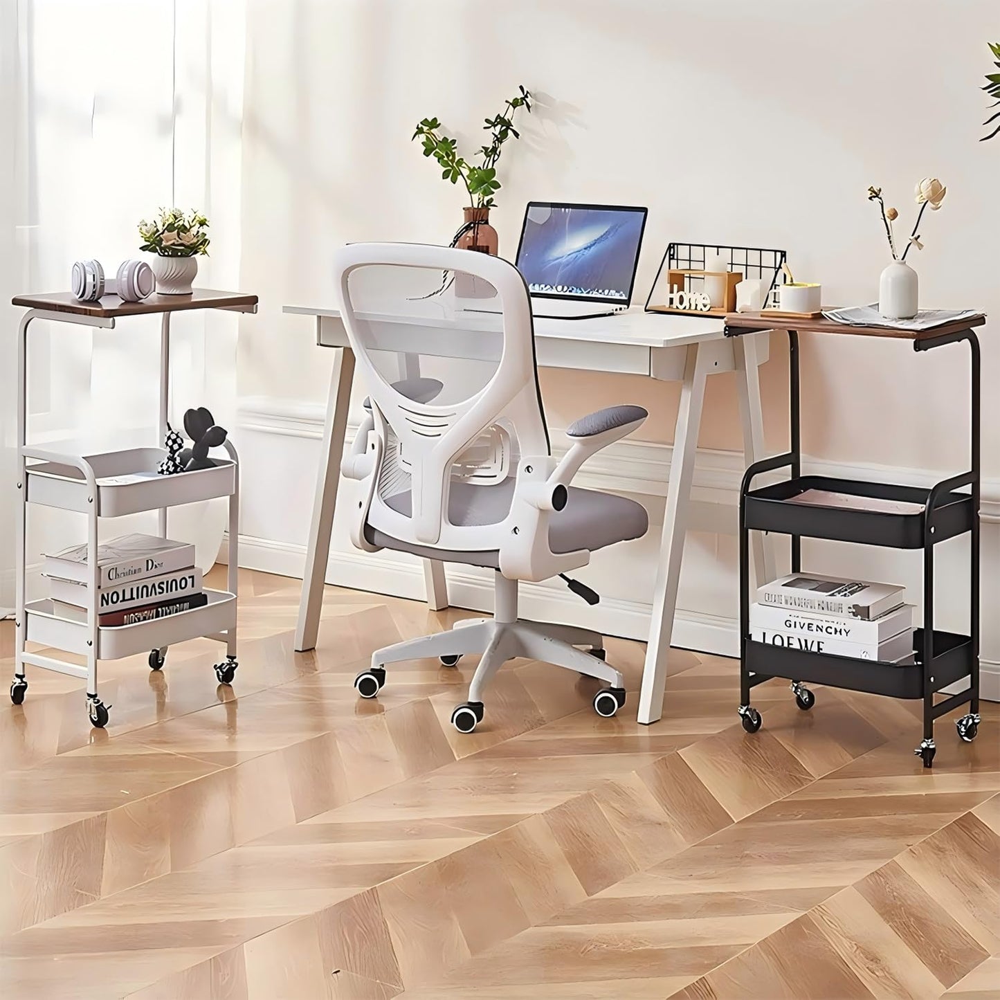 3 Tier Metal Rolling Utility Cart Functional Storage Trolley with Wooden Tabletop Mesh Baskets Wheels Organizer for Office Living Room Kitchen Bathroom Garage Tray Side Stand End Sofa Table (Black)