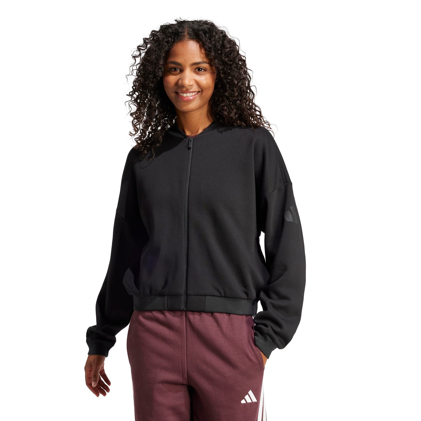 adidas Womens SL+ Fleece Bomber Sportswear Track Top,Black,X-Large