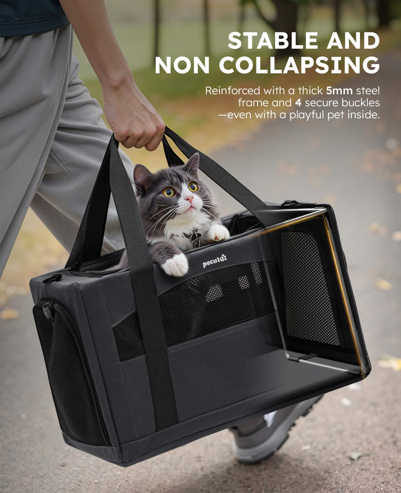 Pecute Cat Carrier Dog Carrier with Stable Structure,Breathable Mesh Fabric Pet Carrier for for Small Cats Dogs Puppies up to 7KG,Soft-Sided Dog Carrier Suitable for Both Long and Short Trips,Black,XL