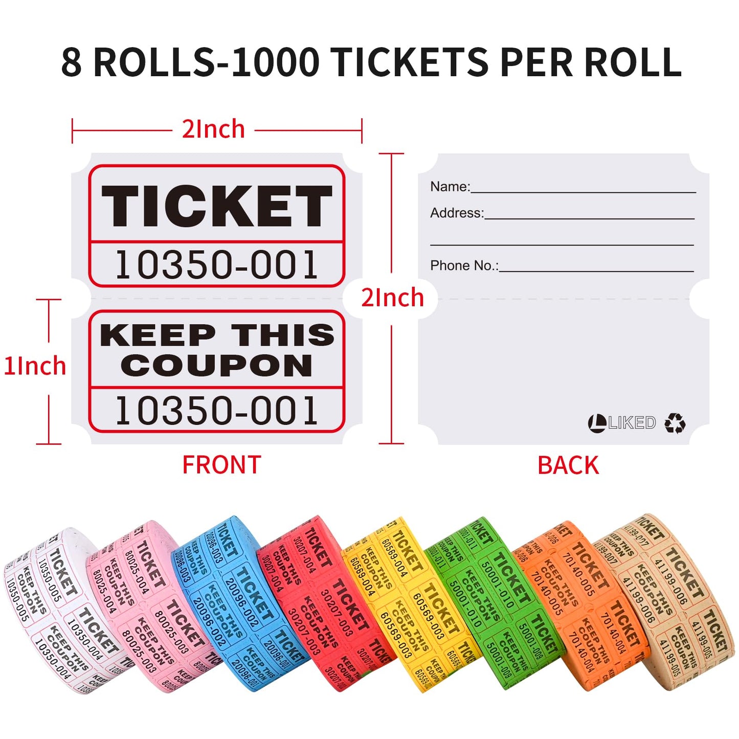 L LIKED 8000 Assorted Raffle Tickets with Consecutive Serial Numbers, 8 Rolls of 1000, 50/50 Raffle Tickets Double Roll for Events (Orange, Blue, Green, Brown, White, Pink, Red, Yellow)