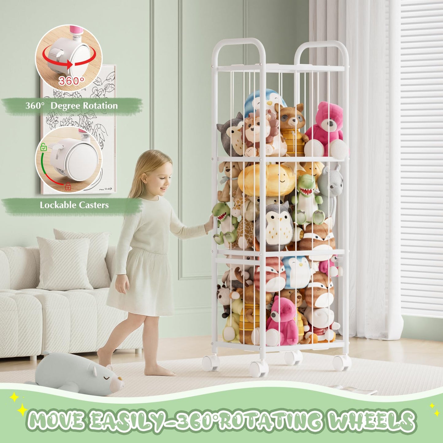 Stuffed Animal Storage with Brake Wheels,Metal Tube Toy Storage Organizer Extra Large Stuffed Animal Holder, Stuffed Animal Zoo Organizer for Nursery Playroom Kids Room White(53.5” x 18.1”x 13”)
