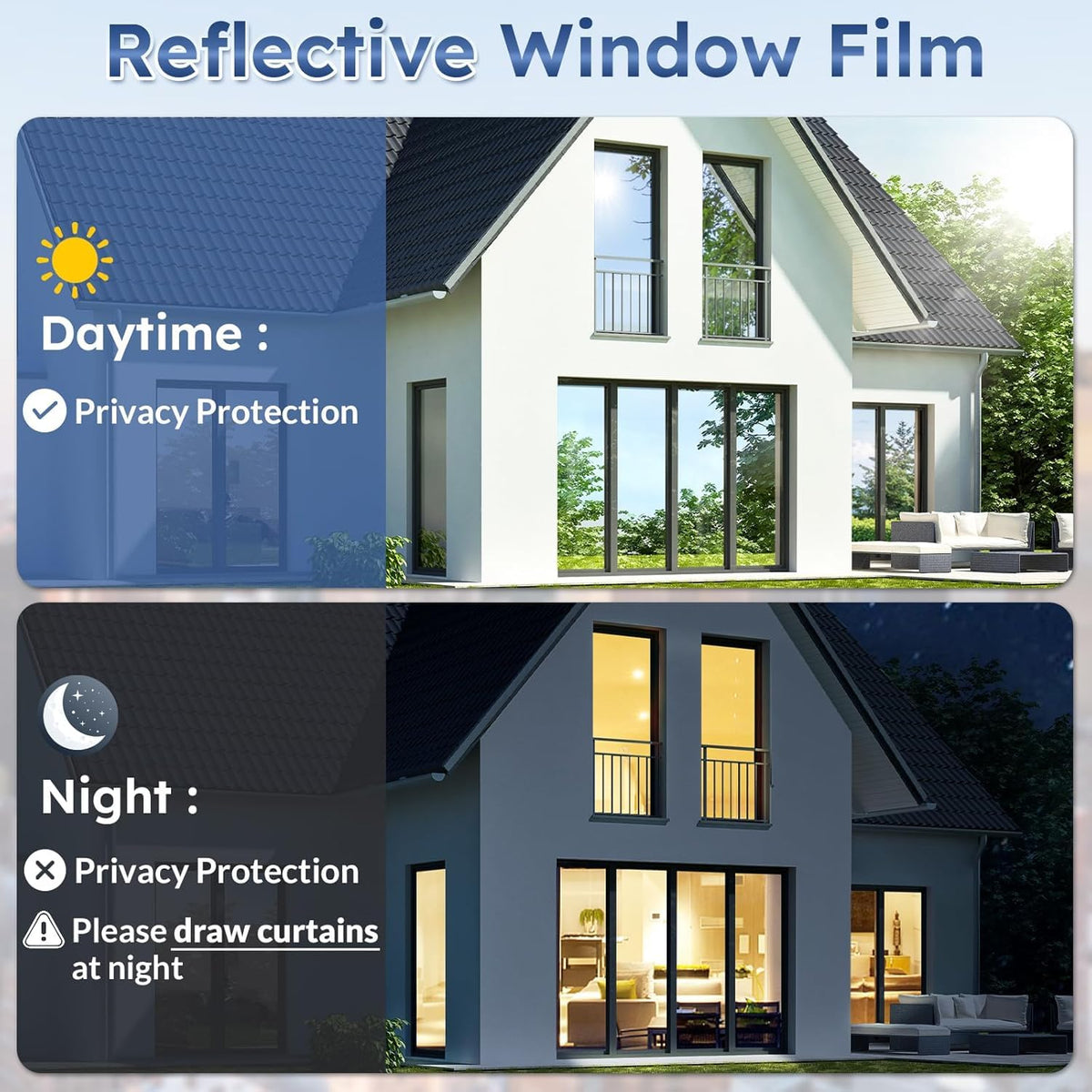rabbitgoo One Way Window Films for Privacy House Window Tint Film Home, Pellicule Intimité Pour Fenêtre, Reflective for Sun Blocking Heat Blocking, Daytime See Out not in, Silver, 60x200cm