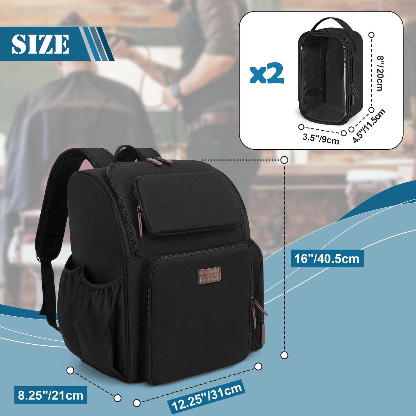 BAFASO Large Capacity Insulated Barber Case with a Semi Detachable Divider and 2 Removable Pouches, Hairstylist Traveling Bag with Multiple Pockets Holds Barber Styling Tools, Black