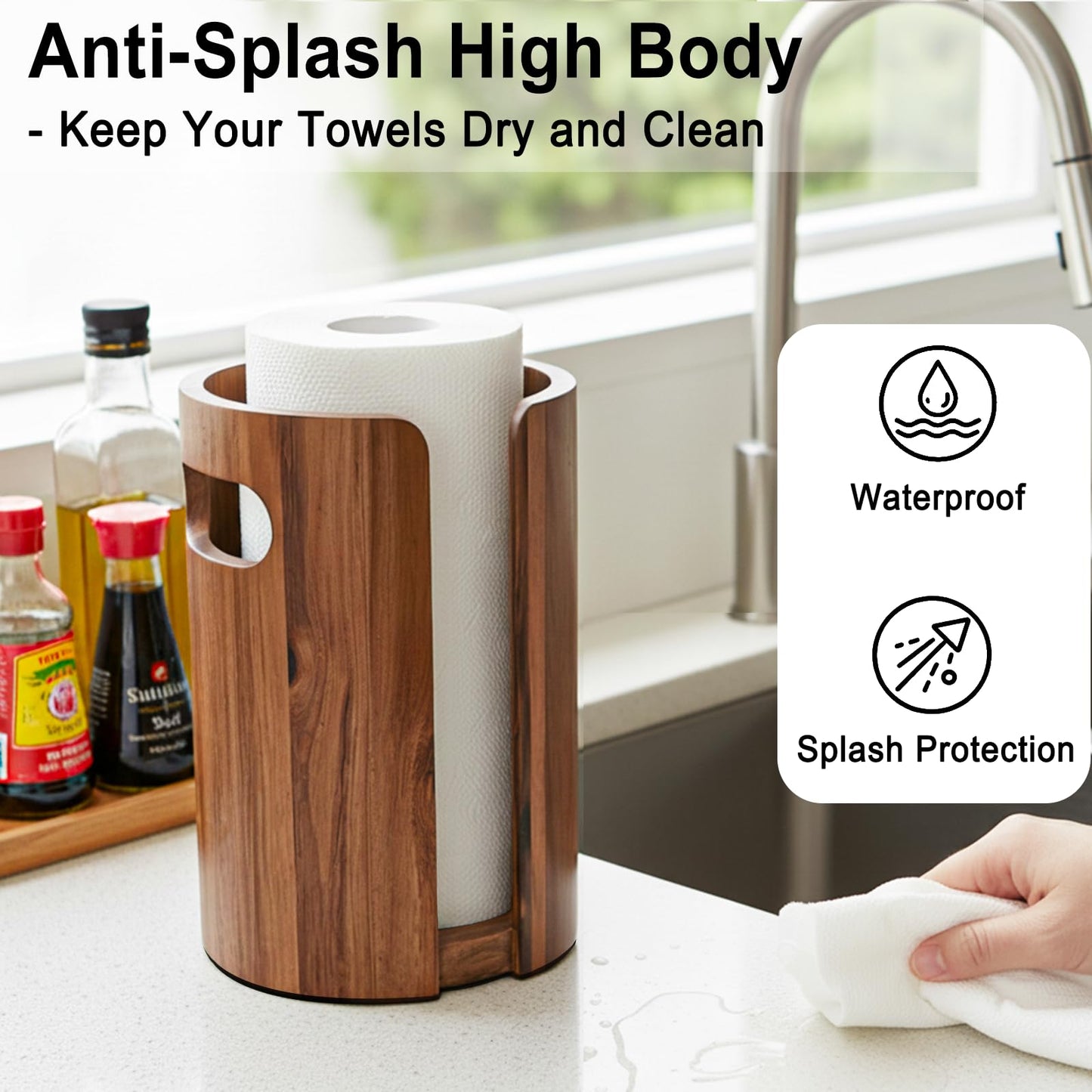 Wood Paper Towel Holder for Kitchen Countertop, Acacia Wooden Kitchen Towel Holder with Splash Guard, Handles & Weighted Non-Slip Base, Home Decor Essentials, for Kitchen, Bathroom,Apartment, RV