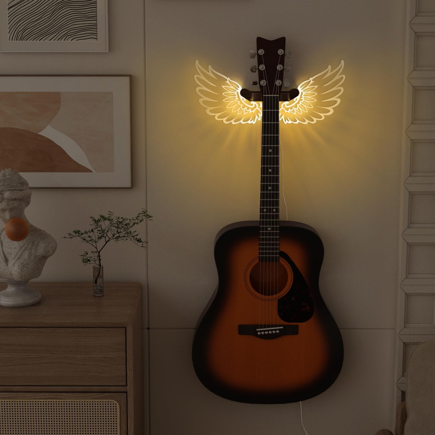CoolGift Mart Guitar Stand Wall Mount with Luminous Angel Wings, Acrylic Wooden Guitar Hanger Shelf with USB Powered, for Acoustic Electric Bass Ukulele, Gift for Music Lovers Guitar Players