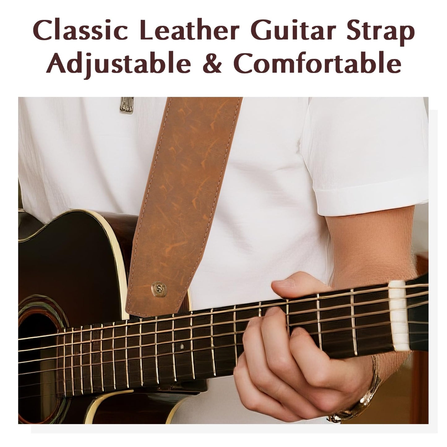 MCKDERWRILL Leather Guitar Strap, Adjustable 45" to 52", Reinforced Keyhole & Slots, 2.4 Inches Width Leather Guitar Strap for Bass, Electric guitar and Acoustic Guitar (Brown)