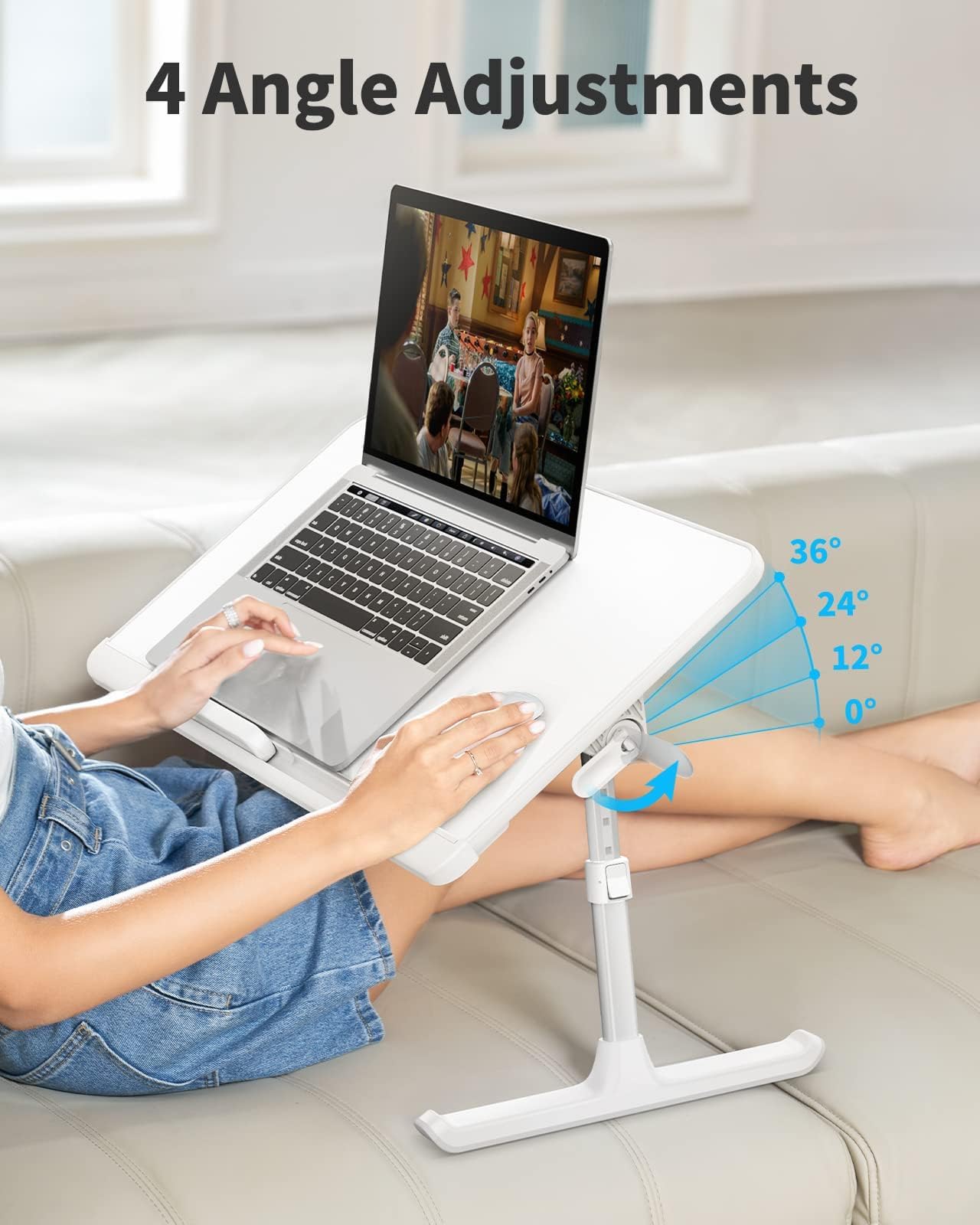 SAIJI Laptop Bed Tray Desk, Portable Table Stand with Storage Drawer, Adjustable PVC Leather, Foldable Laptop Tray for Sofa Couch Floor, 23.6 x 12.6 x 1 Inches(Large, White)