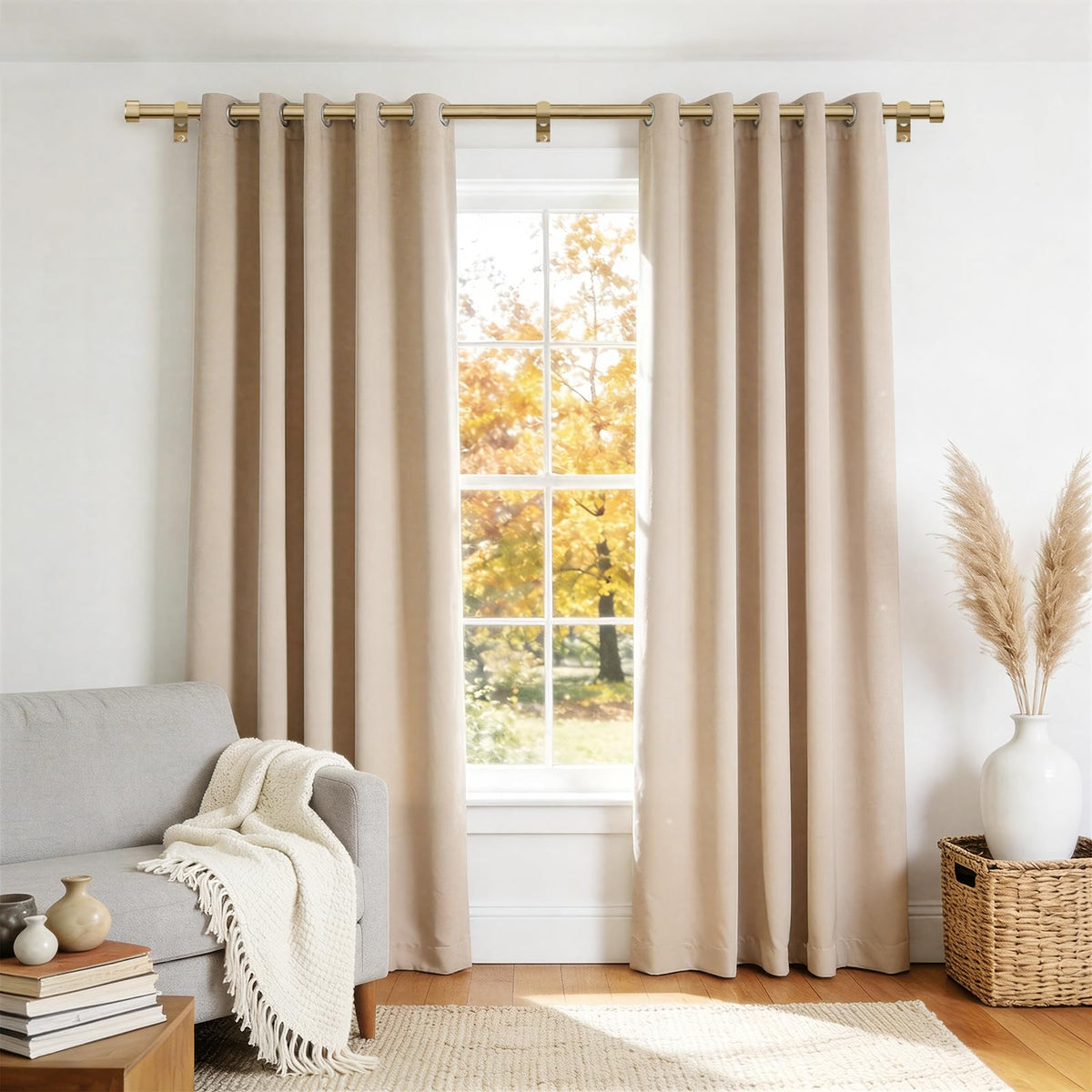 JRZOO Warm Gold Curtain Rod 36-144 Inches Adjustable, 1" Diameter Heavy Duty Window Rod with Alloy Metal Finials & New Heavy Duty Brackets for Bedroom Living Room Kitchen