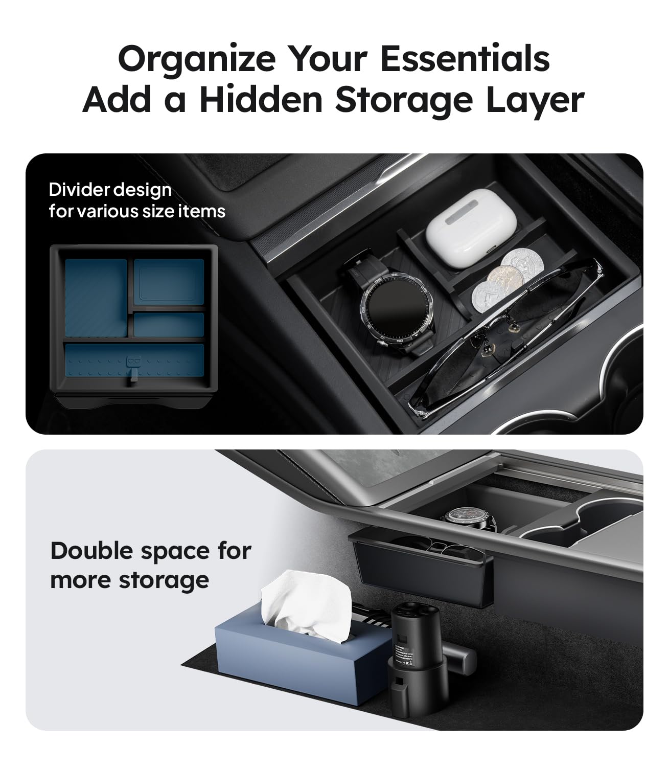 Wigoo for Tesla New Model Y Juniper & Model 3 Highland Center Console Organizer [Double Layer Space, Slide Smoothly] Model 3 (2024-2026)/Model Y Juniper(2025-2026) Accessories, 4PCS Black