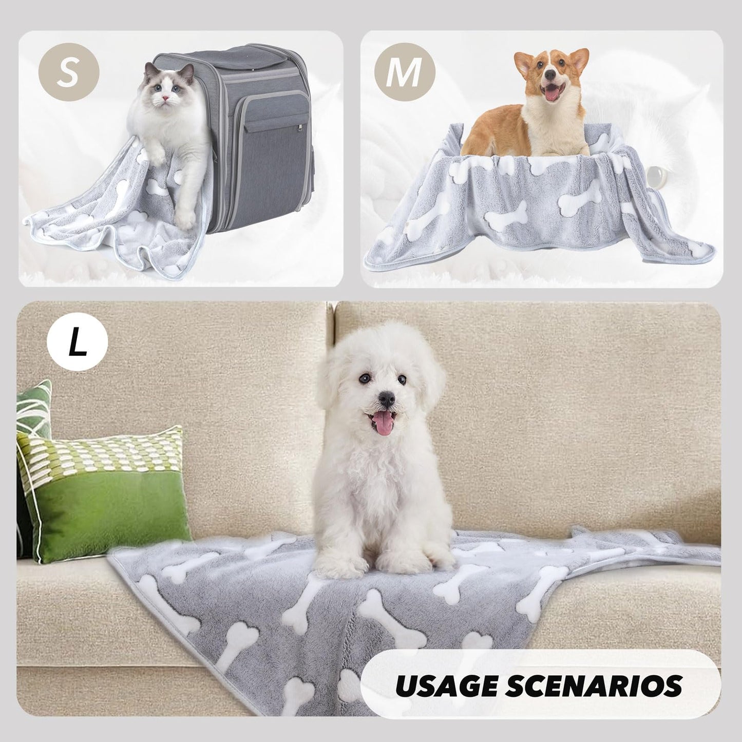 1 Pack 3 Puppy Blankets for Large Dogs Super Soft Warm Sleep Mat Grey Cute Print Fluffy Fleece Pet Throw Dog Blankets for Medium Dogs Cats,Star&Bone&Love-Large(40"x30")