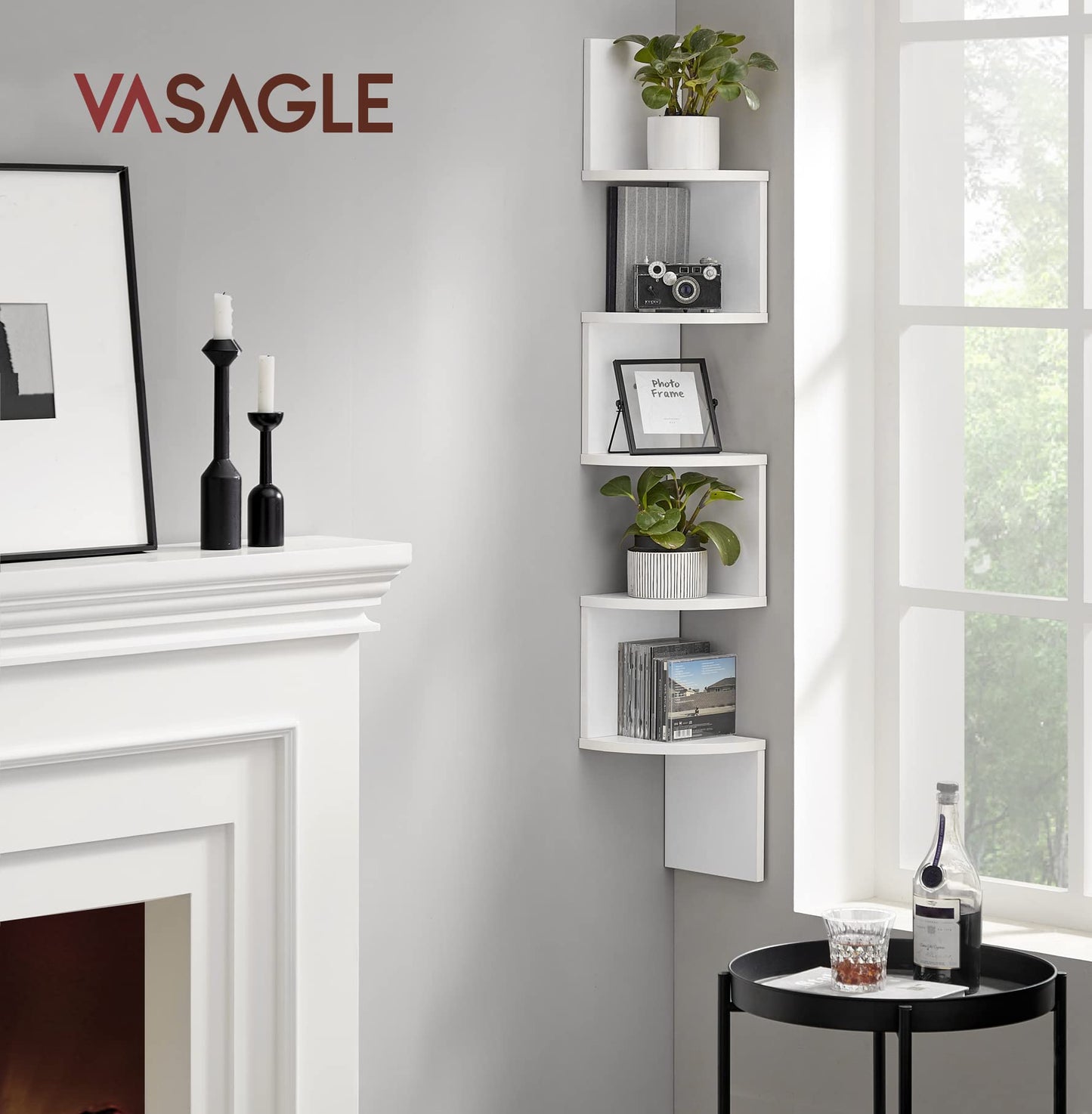 VASAGLE Custos Collection - Corner Shelf Wall Mount, 5-Tier Floating Corner Bookshelf, Plant Shelf for Bedroom, Living Room, Bathroom, Home Office, Cloud White ULBC72WT