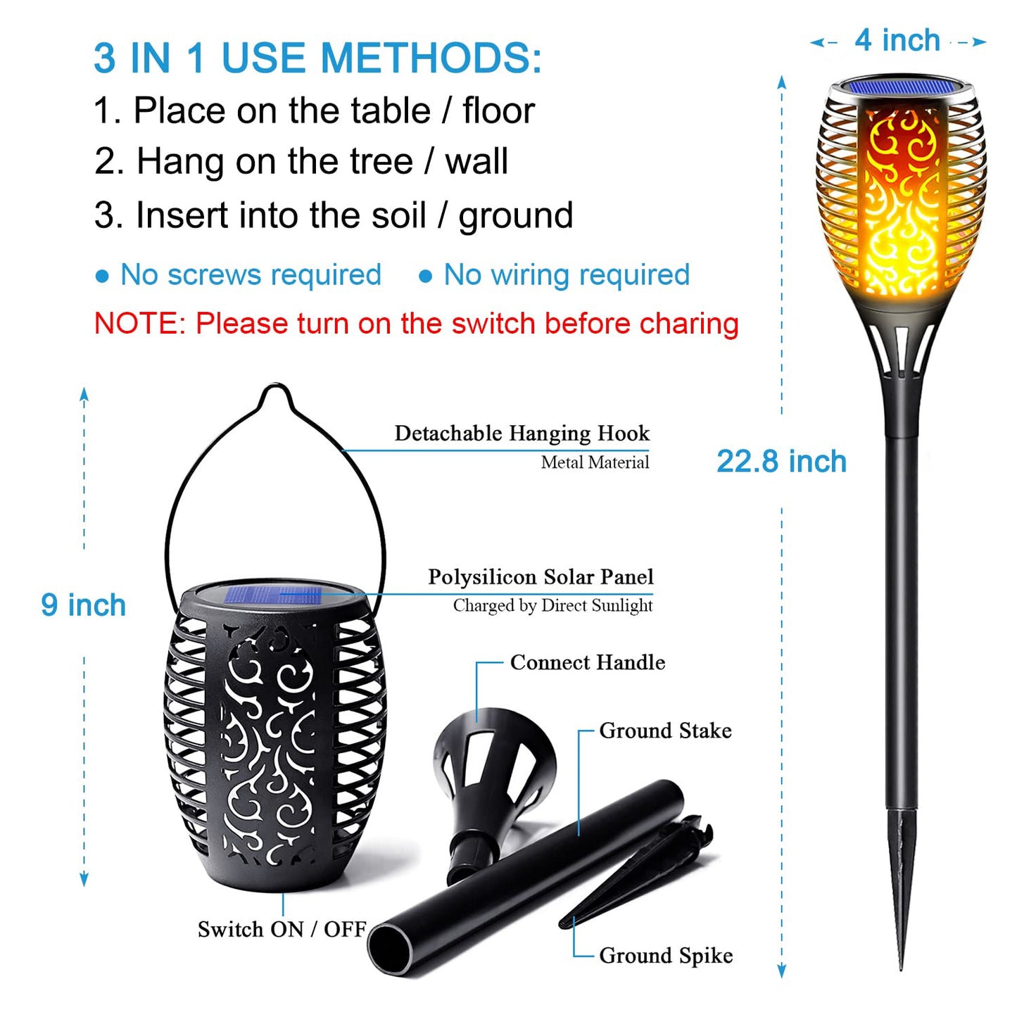 LazyBuddy 8 Pack Large Solar Tiki Torches Outdoor Waterproof - Realistic Flickering Flame 3-in-1 Hanging Lantern with Detachable Hook - All-Weather Canadian Garden, Pathway & Halloween Lights