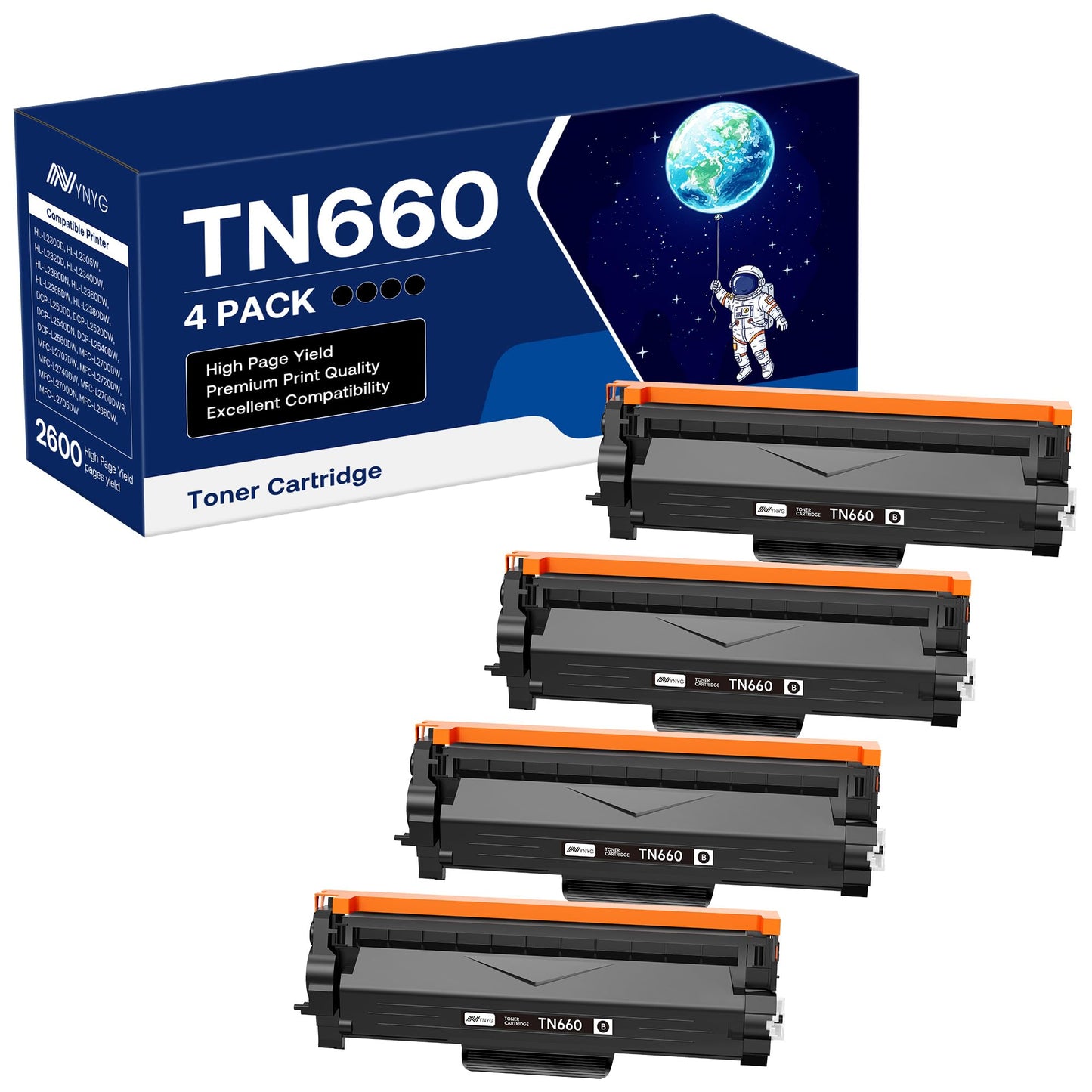 NYNYG TN660 Toner Cartridges Replacement for Brother TN660 TN630 Compatible for HL-L2380DW HL-L2320D HL-L2340DW DCP-L2540DW MFC-L2700DW MFC-L2720DW Printer (Black, 4 Pack)