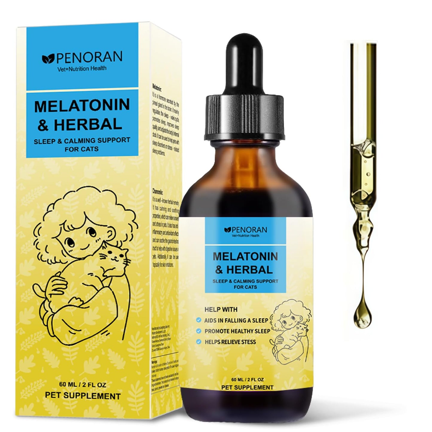 Cat Melatonin & Herbal Blend Drops for Cats, Cat Calming Treats, for Cats Sleep Aid and Sedative for Grooming, Support Restful Sleep, Anxiety Relief - Safe and No Excessive Drowsiness.